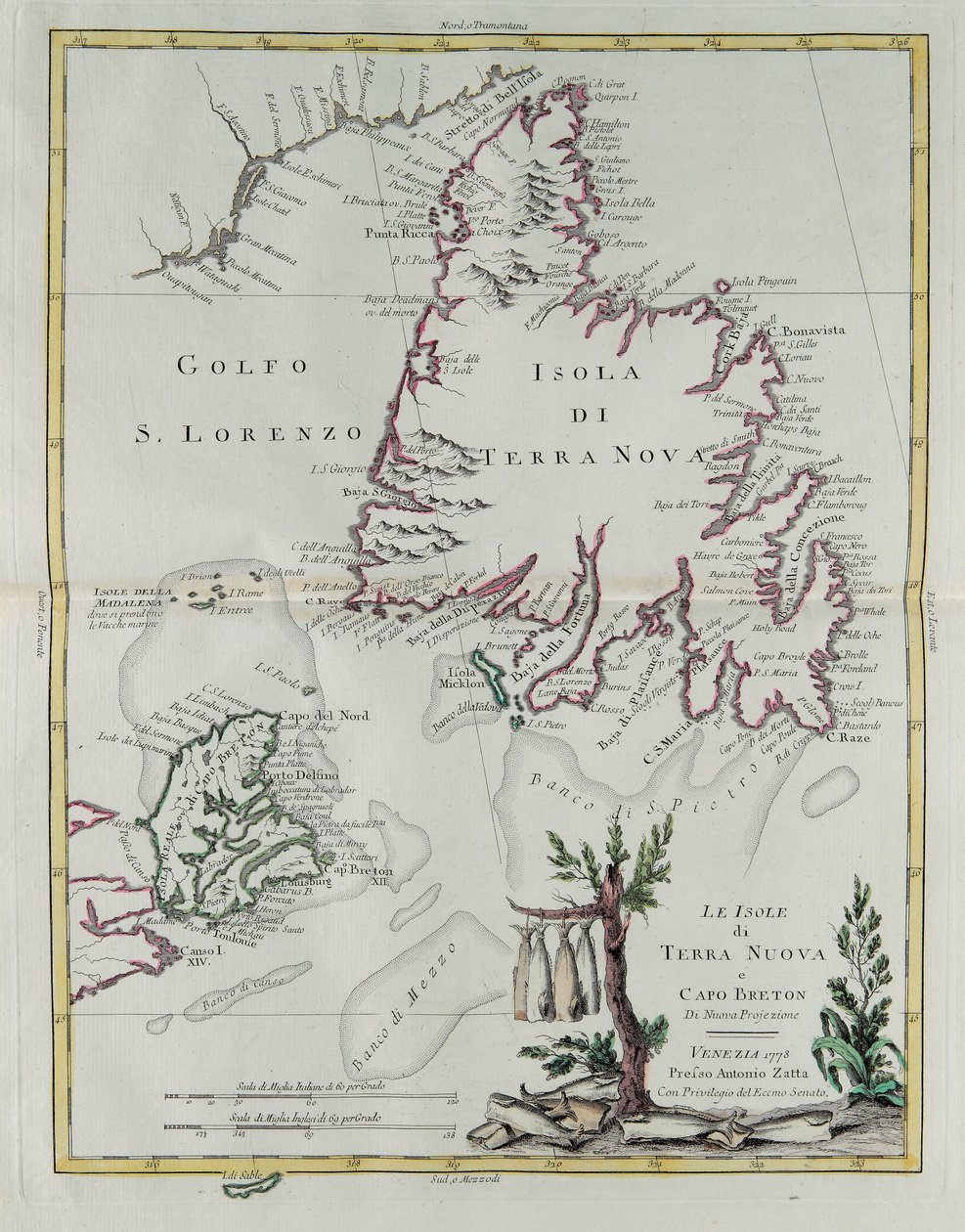 Öarna Newfoundland och Cape Breton, gravyr av G. Zuliani hämtad från Tome I av "Newest Atlas" publicerad i Venedig 1778 av Antonio Zatta, Privat samling av G. Zuliani