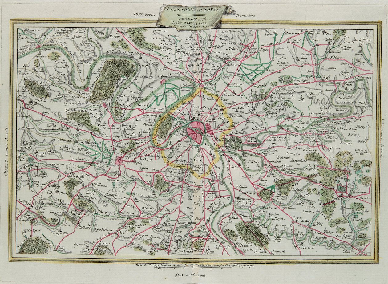 Konturen av Paris, The Governances of France and Orleans, gravyr av G. Zuliani hämtad från Tome I of the Newest Atlas publicerad i Venedig 1776 av Antonio Zatta, Privat samling av G. Zuliani