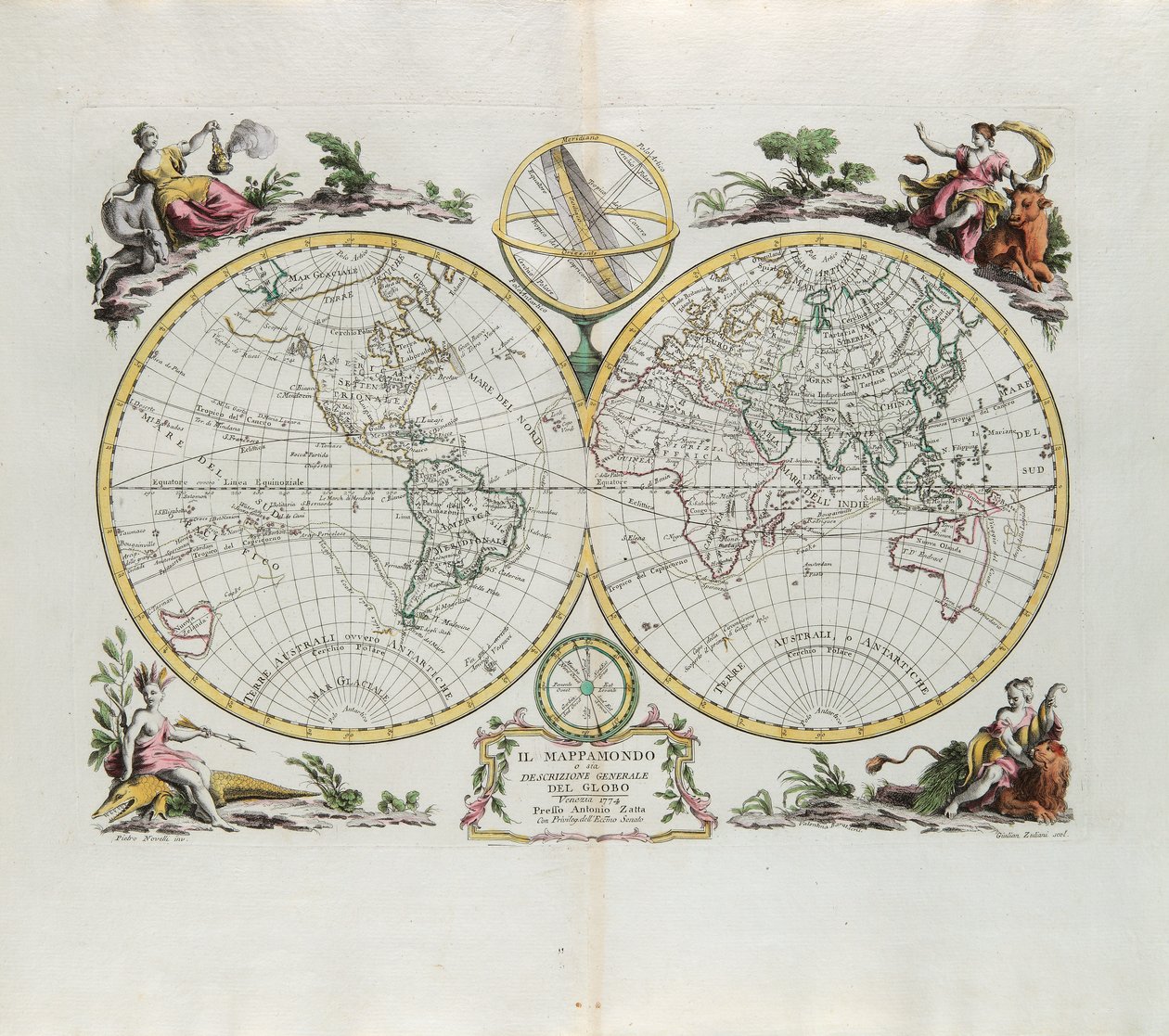 Världskarta och en allmän beskrivning av jordklotet, gravyr av G. Zuliani hämtad från Tome I of the Newest Atlas publicerad i Venedig 1774 av Antonio Zatta av G. Zuliani