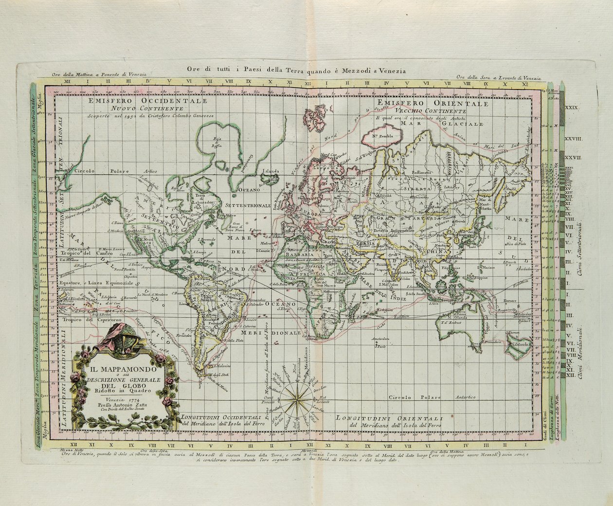 Världskarta och en allmän beskrivning av jordklotet, reducerad till en bild, gravyr av G. Zuliani hämtad från Tome I av "Newest Atlas" publicerad i Venedig 1774 av Antonio Zatta av G. Zuliani