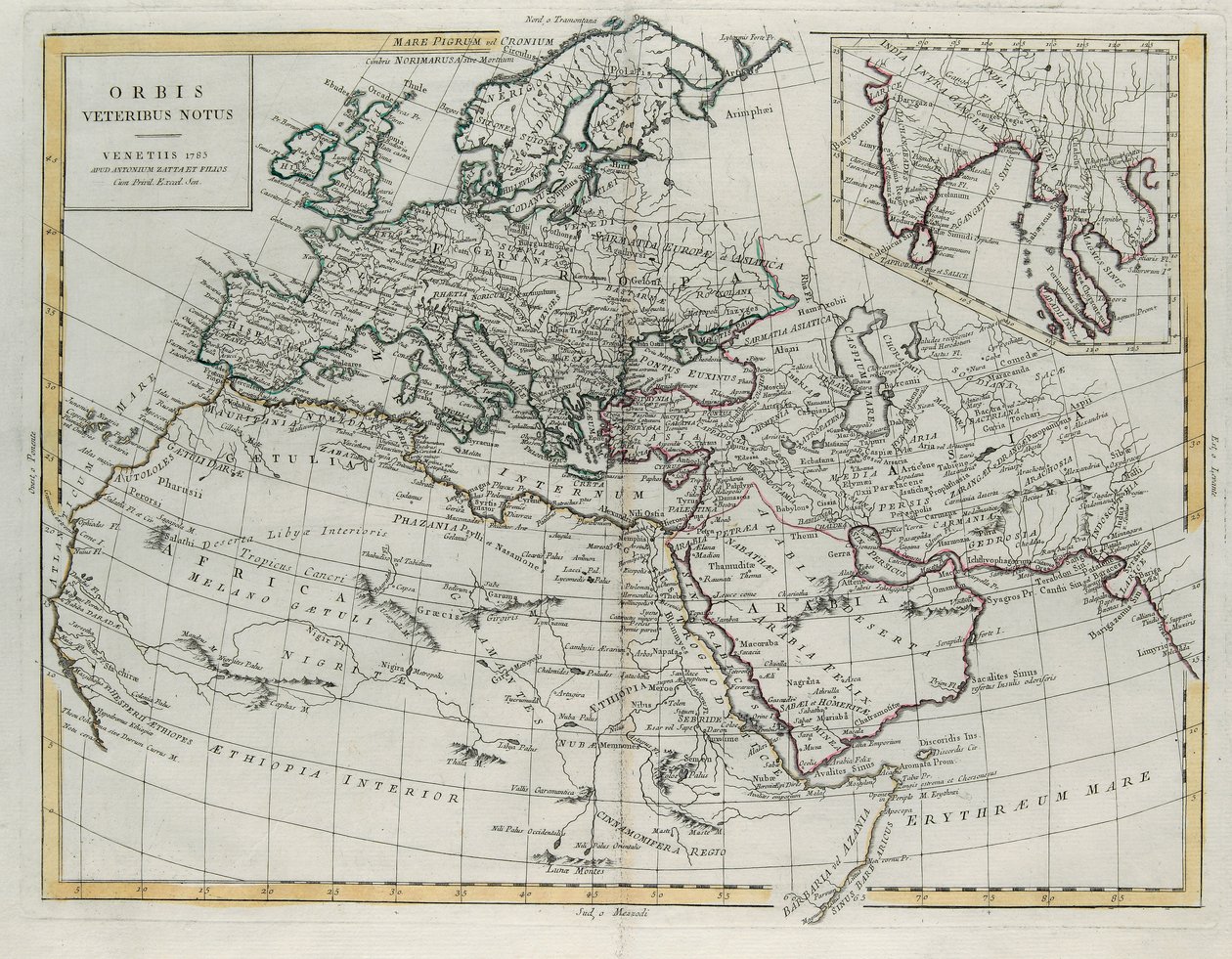 Värld känd för de gamla, gravyr av G. Zuliani hämtad från Tome IV av den nyaste atlasen publicerad i Venedig 1785 av Antonio Zatta, Privat samling av G. Zuliani