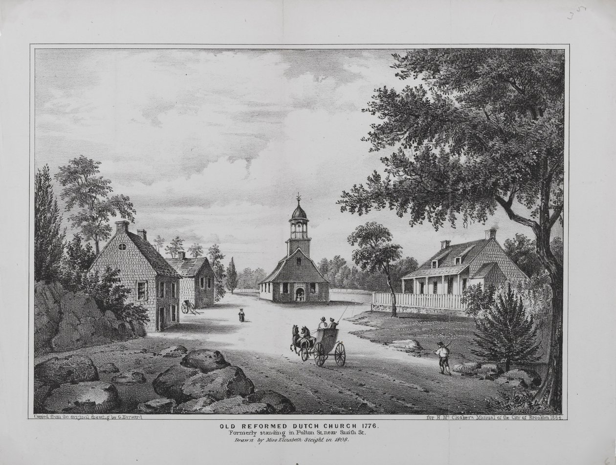 Old Reformed Dutch Church 1776, tecknad av Miss Elizabeth Sleight 1808, tryckt för H. McCloskeys Manuel i Brooklyn, 1864 av G. after Hayward
