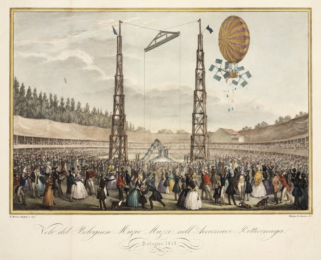 Bolognese Muzio Muzzis flygning (1809-46) i luftskeppet Retirremiga, 1838 av G. after Meloni