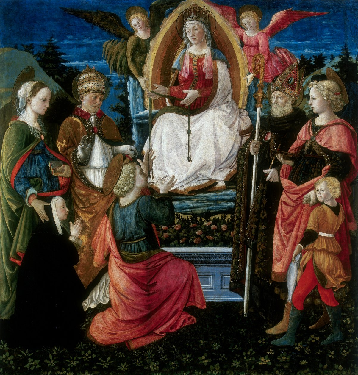 Madonnan i bältet med heliga av G. da and Filippi, C. Carpi