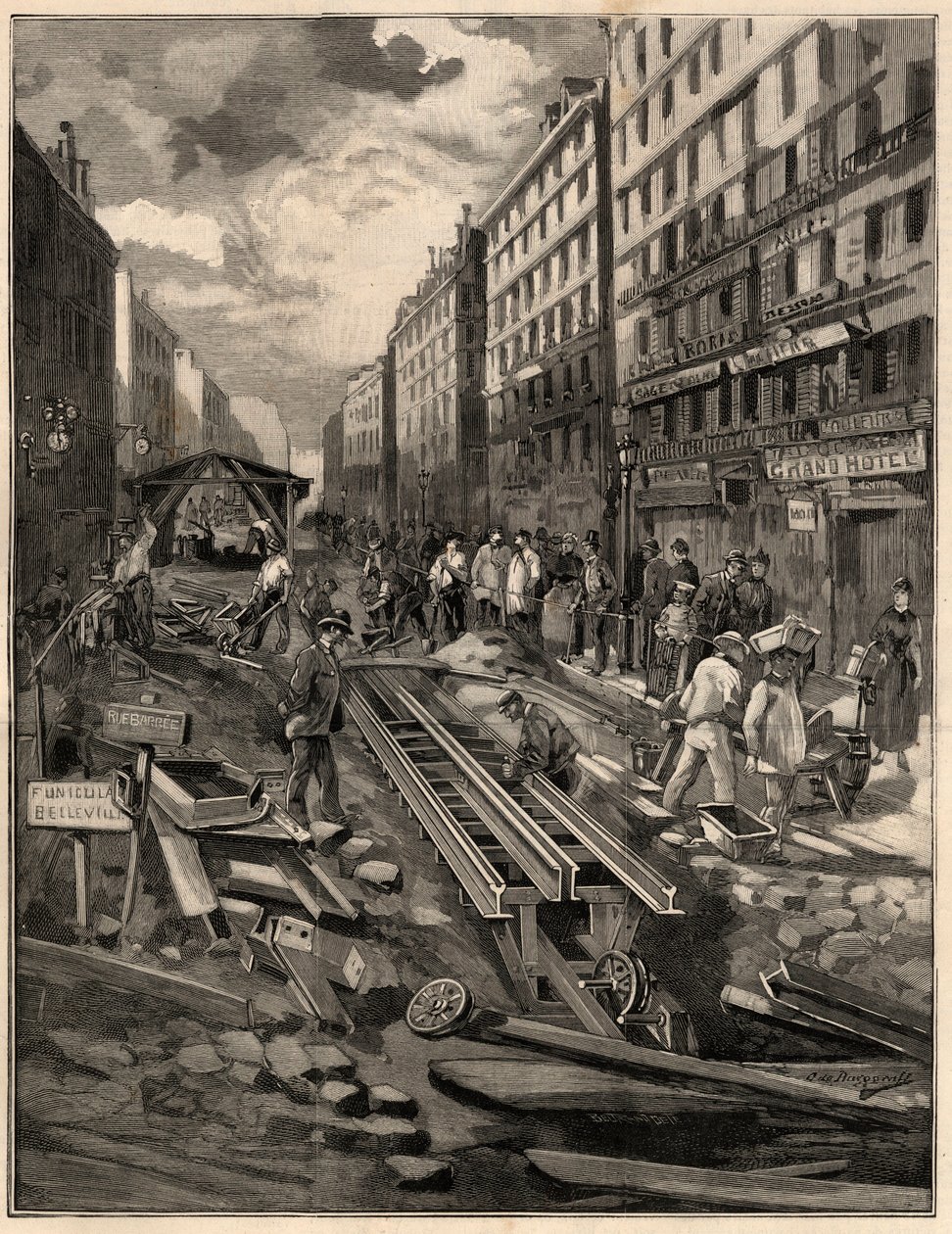 Bergbanan Belleville, anlade banan, rue de Belleville 1894. Gravyr efter M.G. de Burgrraffs teckning. I "The Illustrous World" från 1894. av G. de Burgraff