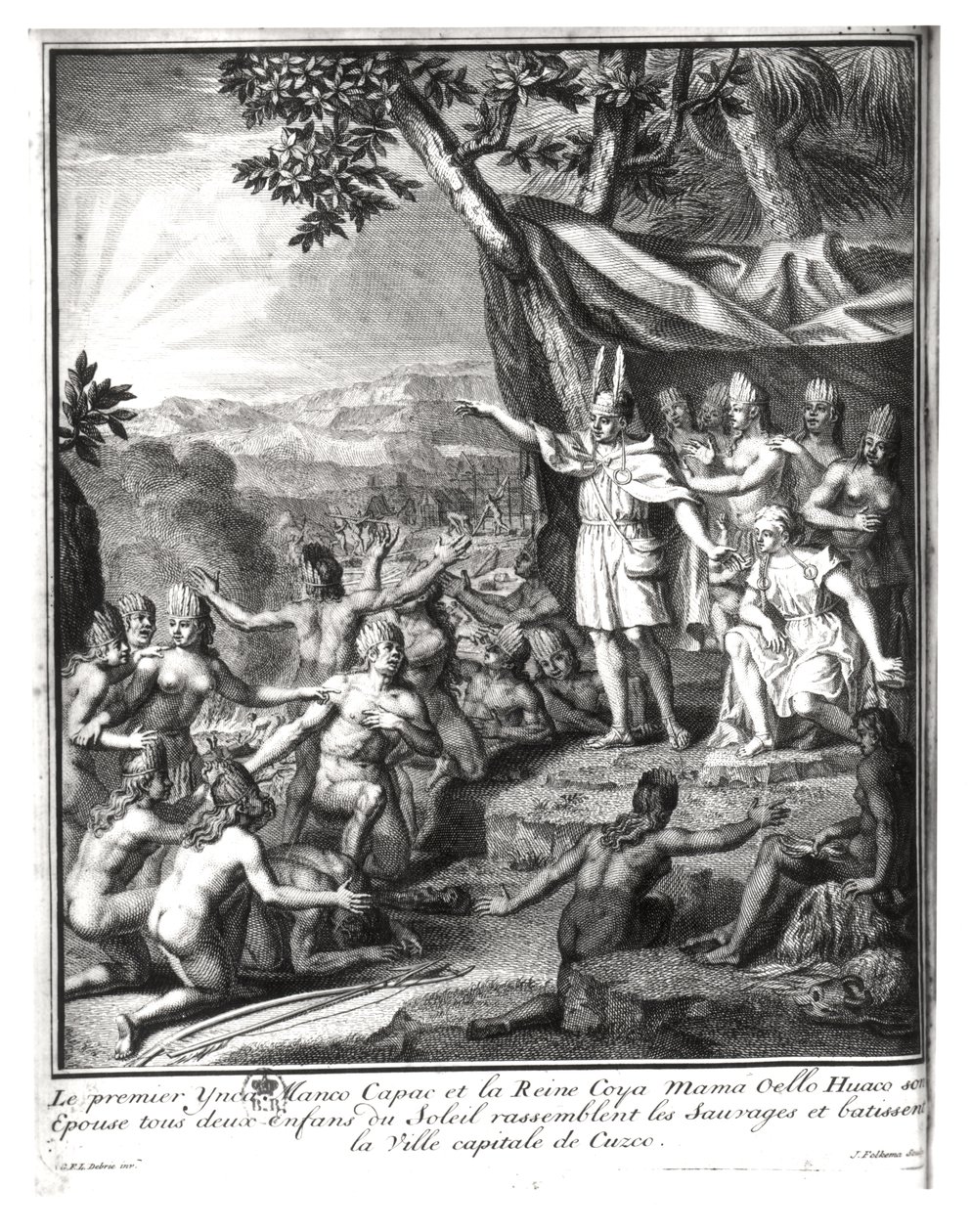Manco Capac och hans fru, Coya Mama Oello Huaco, samlar vildarna och bygger Cuzco av Gabriel Francois Louis Debrie