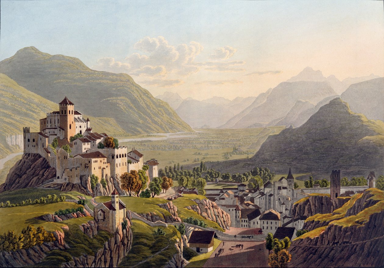 View of Sion, illustration från Voyage Pittoresque de Geneve a Milan, publicerad Basel, 1819 av Mathias Gabriel Lory