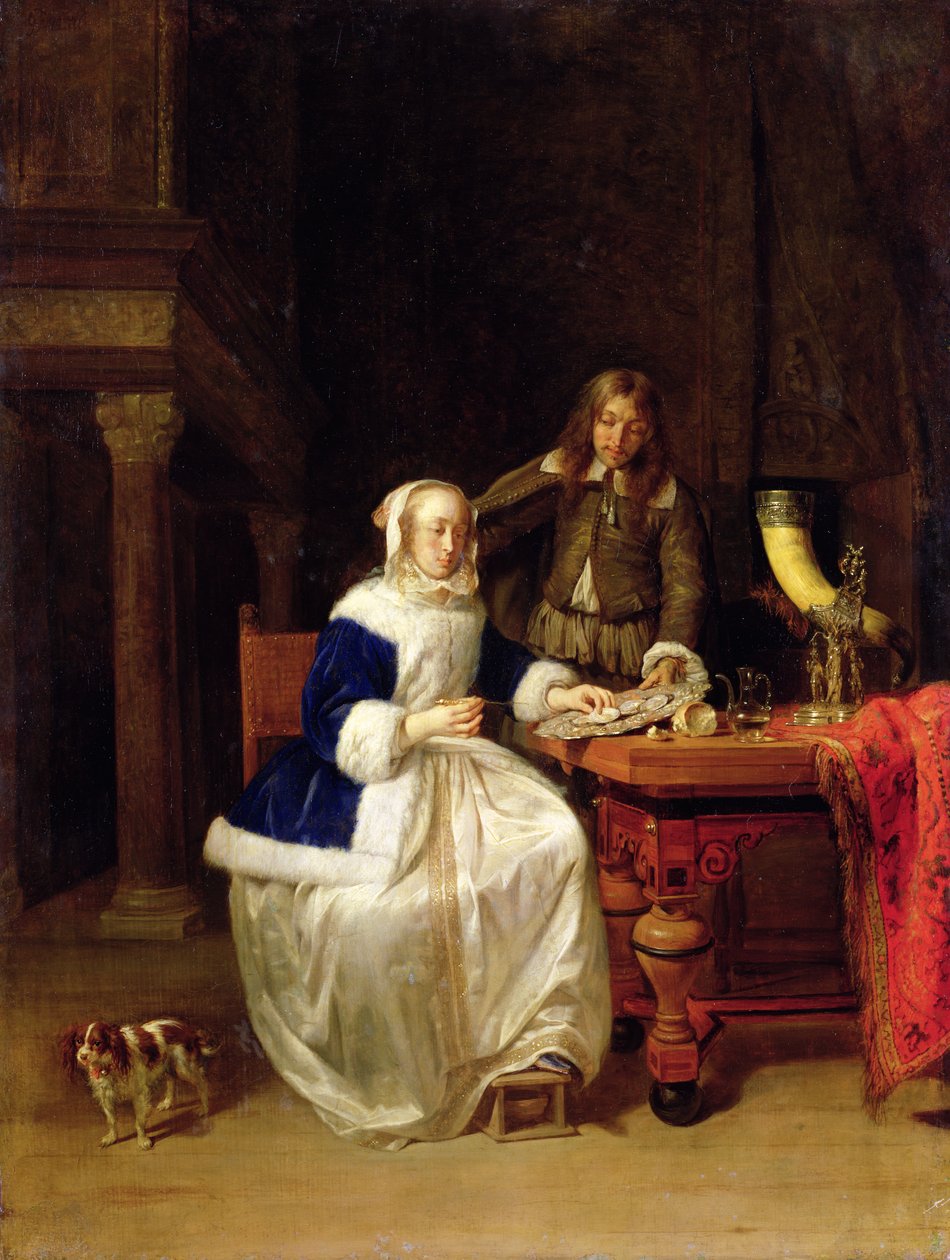 Frukost, ca 1600 (olja på trä) av Gabriel Metsu