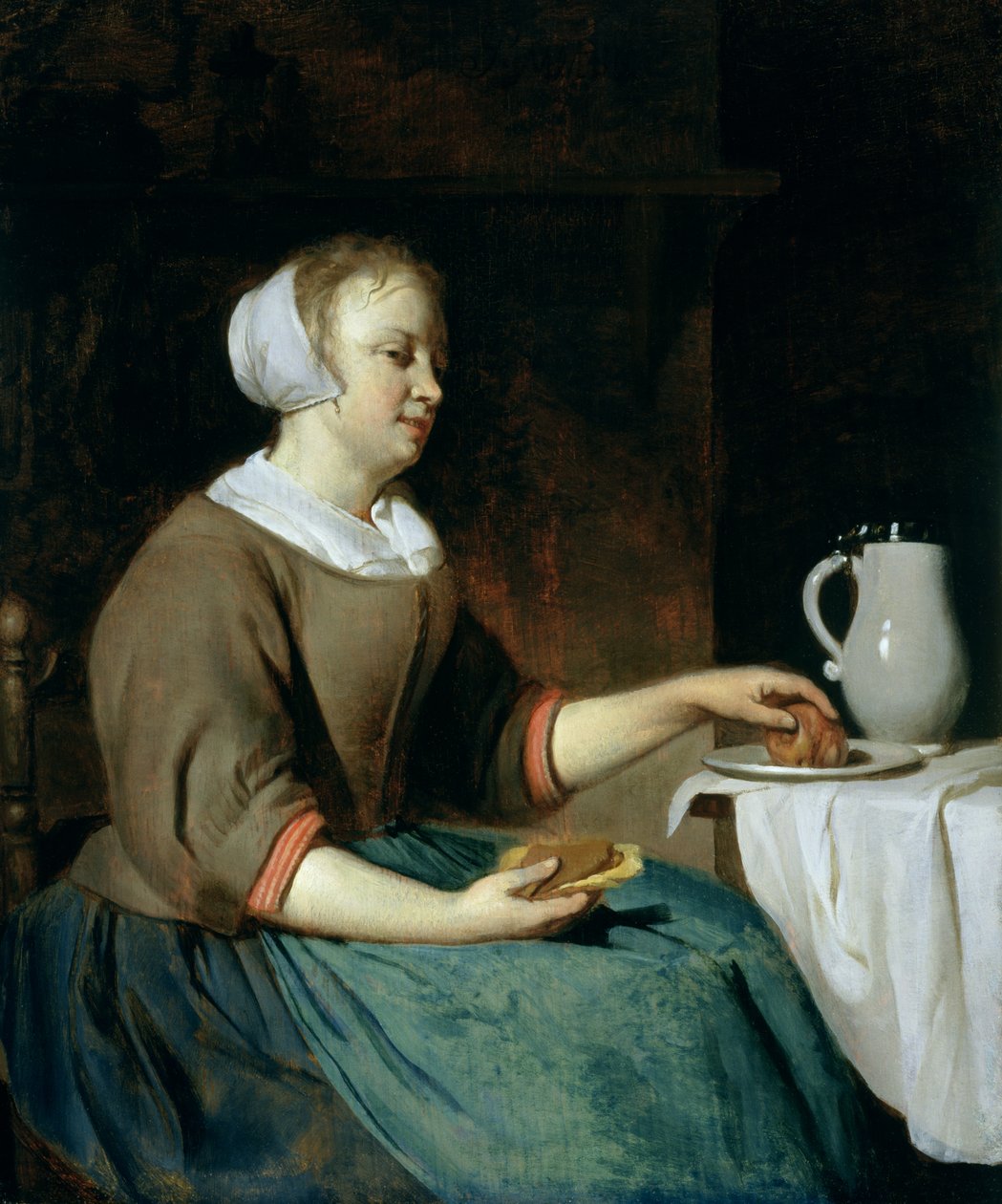 Porträtt av en flicka som sitter vid ett bord av Gabriel Metsu