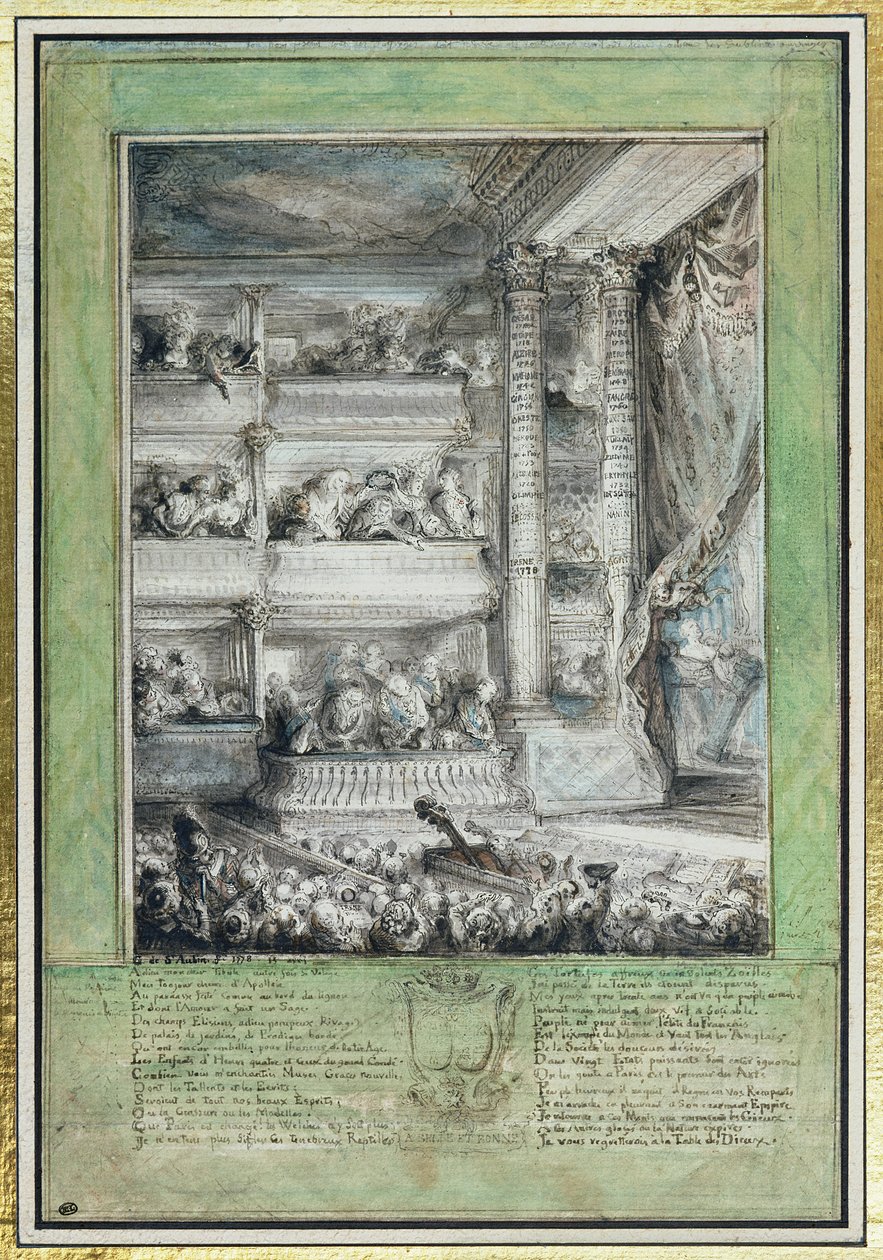 Krönandet av Voltaire på Theatre Francais av Gabriel de Saint Aubin