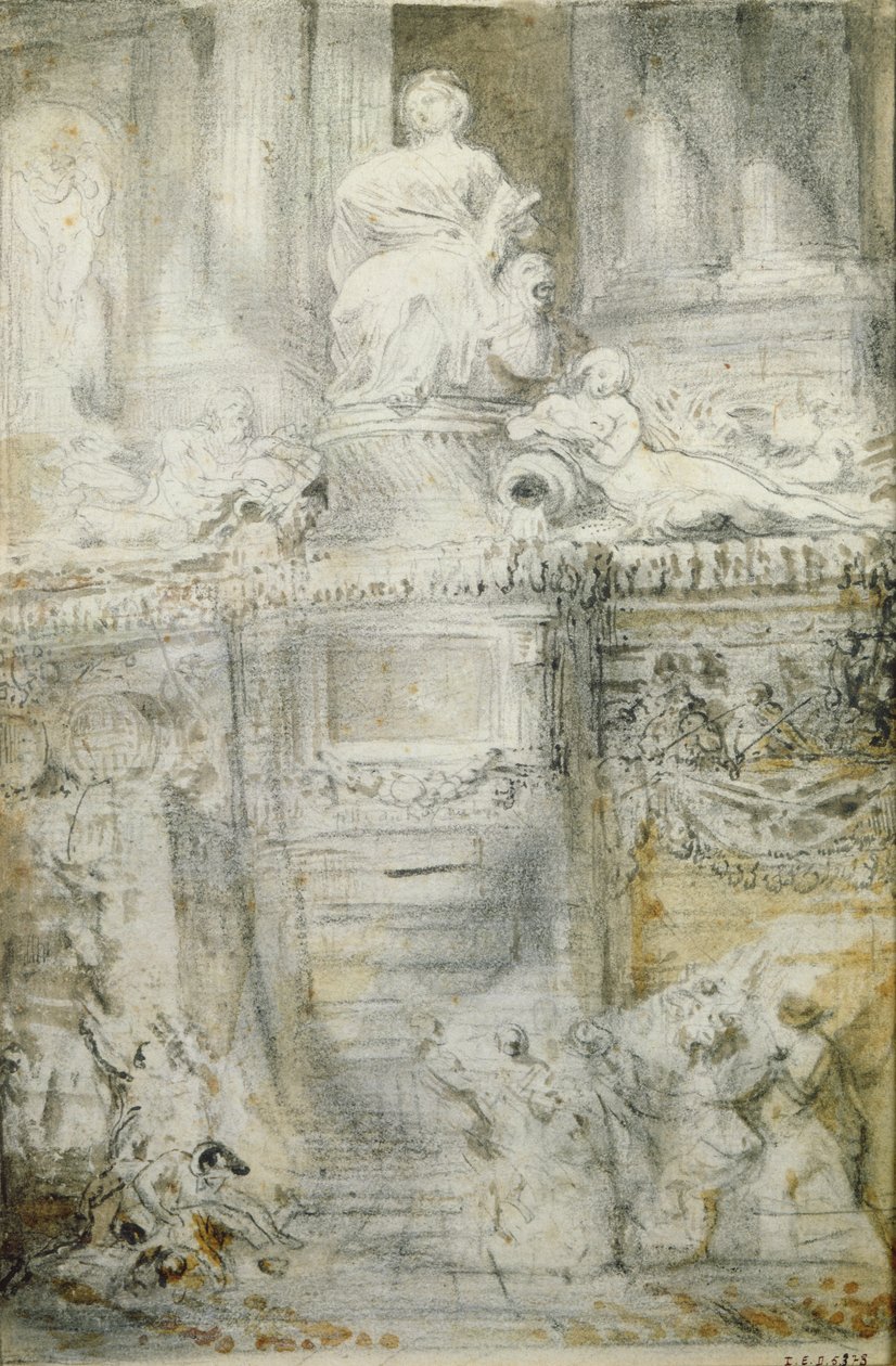 Fontänen på Rue de Grenelle, 1777 (penna och bläck och wc på papper) av Gabriel de Saint Aubin
