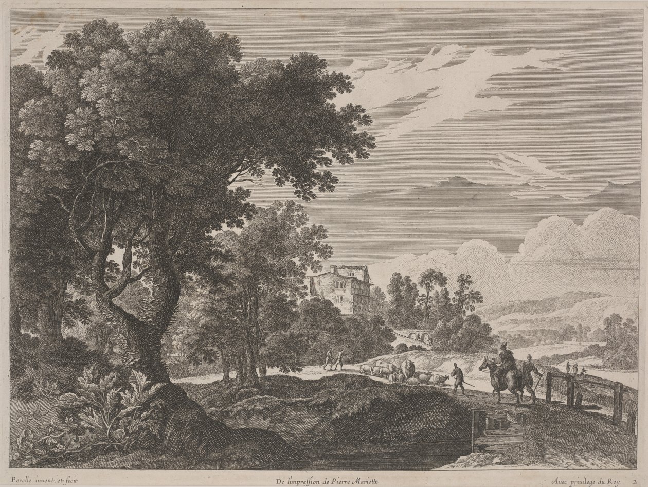Landskap med resenärer som korsar en bro (etsning och gravyr) av Gabriel (after) Perelle