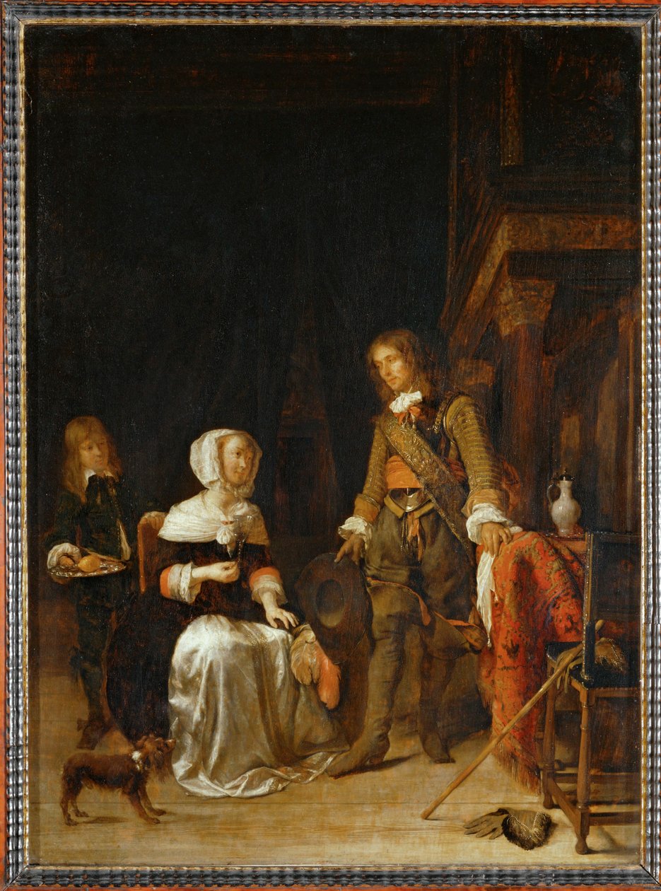 En soldat på besök hos en ung kvinna... av Gabriel (attr. to) Metsu