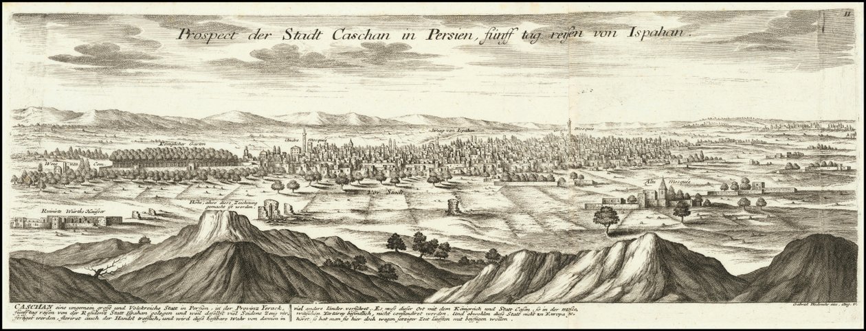 1720 illustration - Utsikt över staden Cashan i Persien fem dagars resa från Ispahan av Gabriel Bodenehr