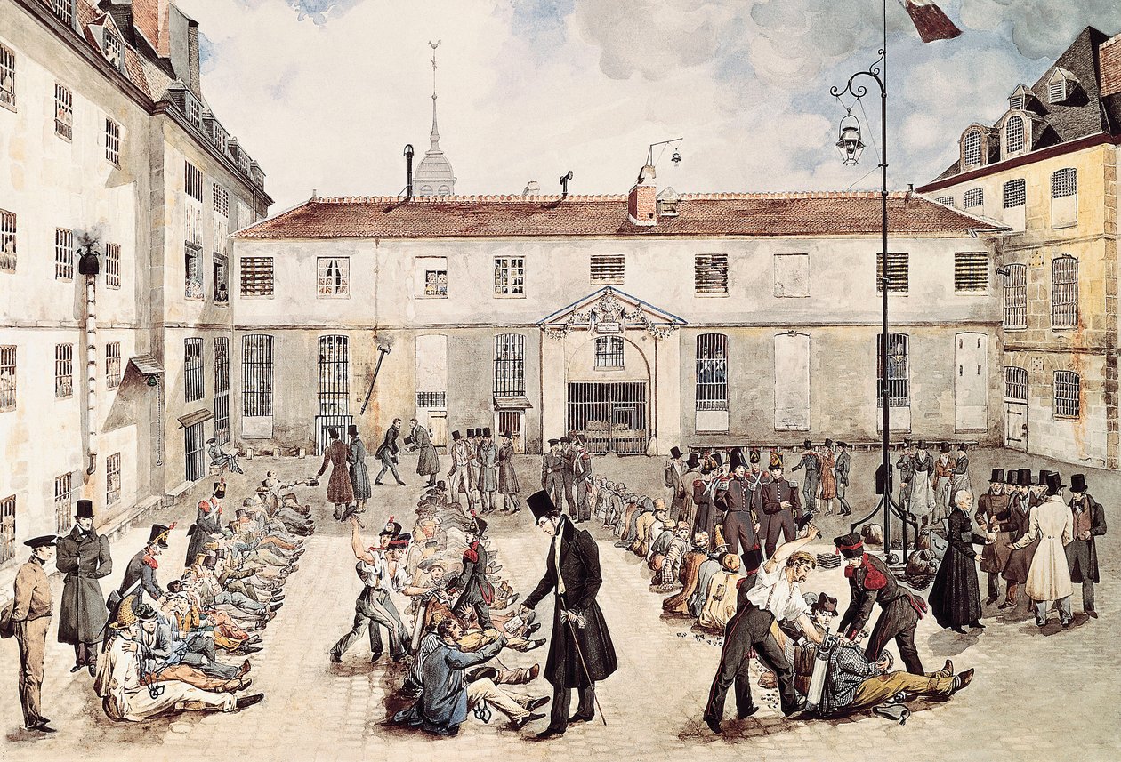 ""Fångarna i Bicetre-fängelset är fastkedjade på gården"" Akvarell av Gabriel Cloquemin (slutet av 1700-talet, början av 1800-talet) Paris Musée Carnavalet av Gabriel Cloquemin