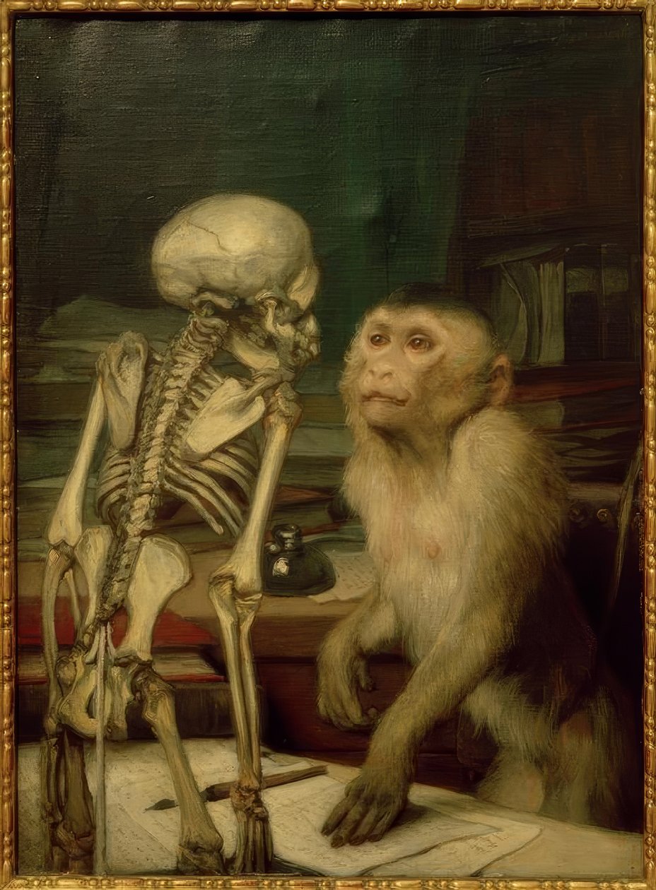 Apa framför skelettet av Gabriel Cornelius Ritter von Max