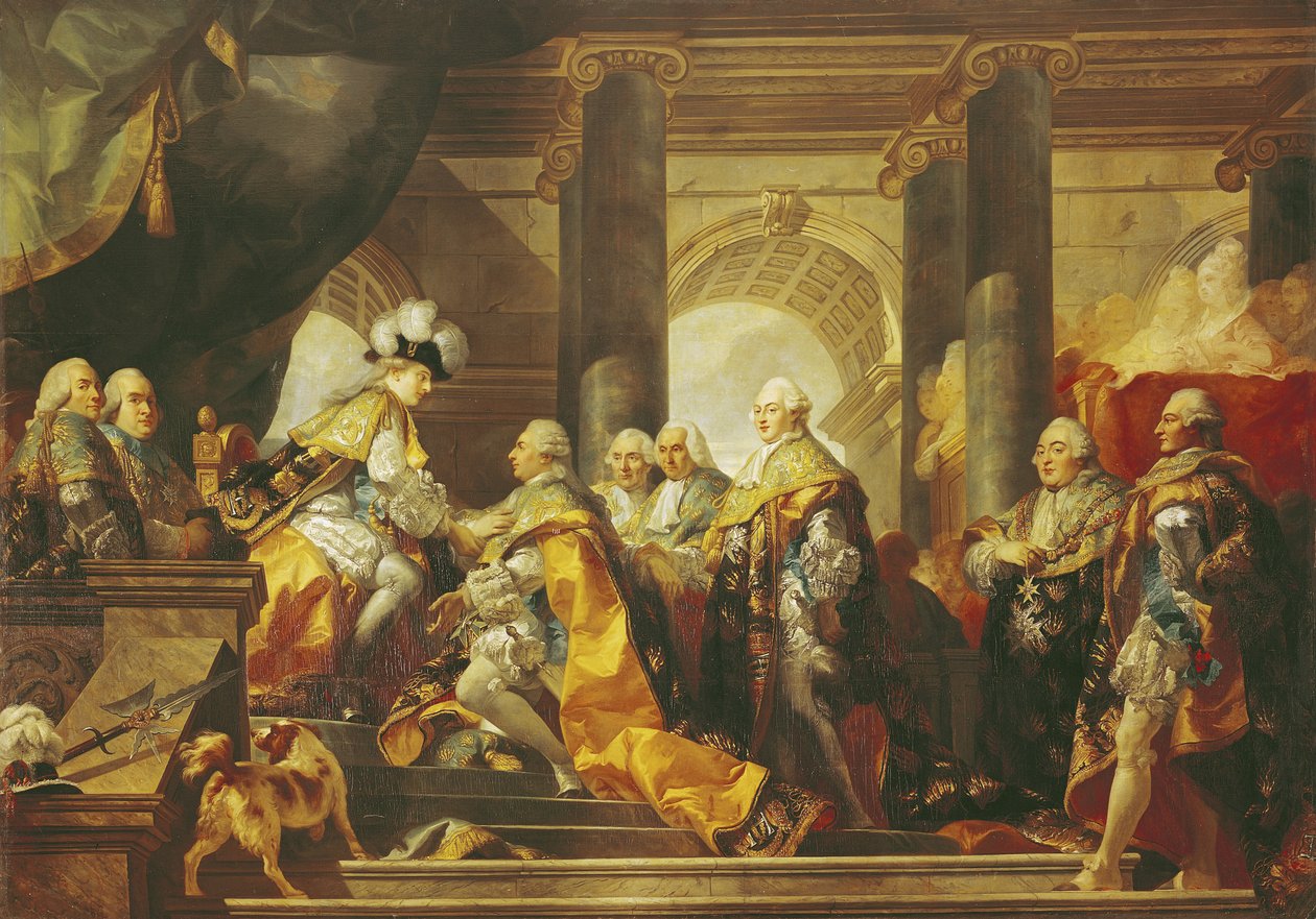 Ludvig XVI (1754-93), Frankrikes kung, tar emot hyllningar från riddarna av St Esprit-ordenen i Reims den 13 juni 1775. av Gabriel Francois Doyen