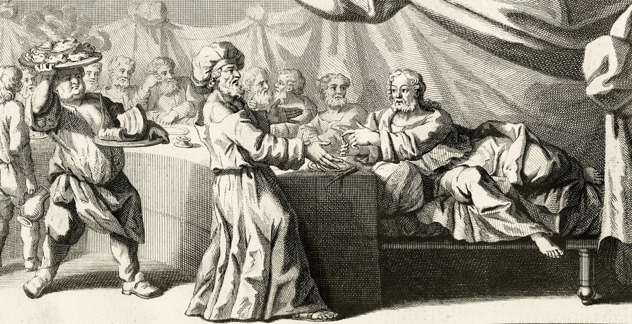 Jesus bjöd in till middag med fariséen, illustration från Lukasevangeliet, kapitel 11:37, 1728 av Gabriel Francois Louis Debrie