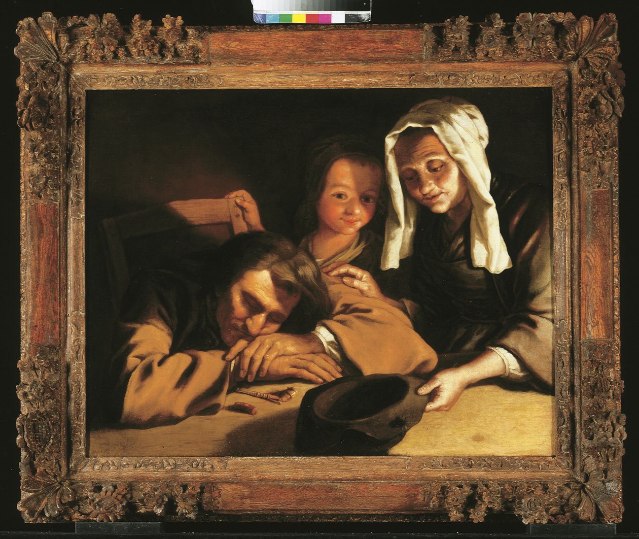En interiör med levande ljus med figurer runt ett bord av Gabriel Gresly