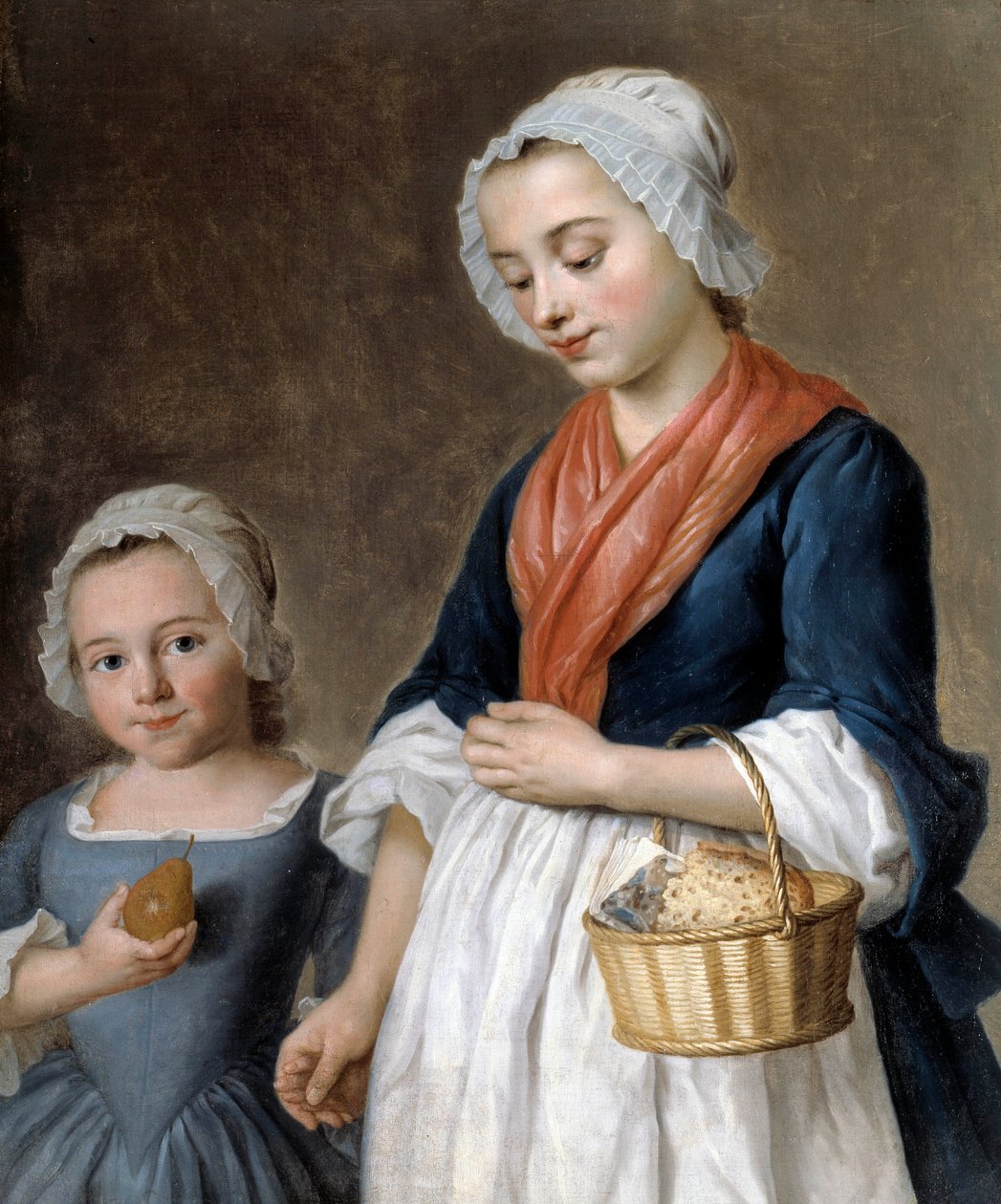 Liten flicka kör i klass En mamma som håller sin lilla dotters smak i en korg. Detalj av en målning av Gabriel Gresly (1712-1756) av Gabriel Gresly