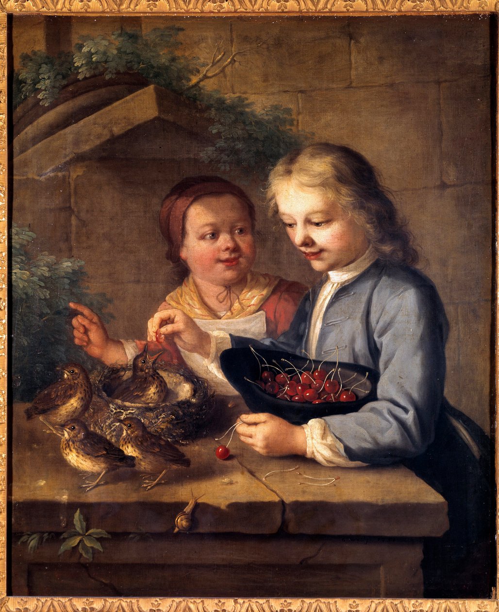 Dexu barnbecquee ger körsbär till fåglar. Målning av Gabriel Gresly (1712-1756) 1700-talets Dijon, Museum of Fine Arts av Gabriel Gresly