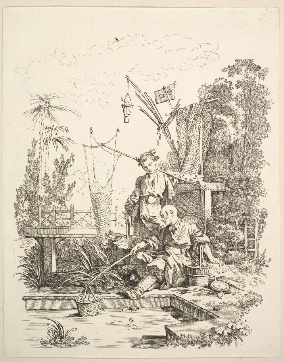 En kinesisk man och kvinna som fiskar vid en fiskdamm, 1700-talet. av Gabriel Huquier