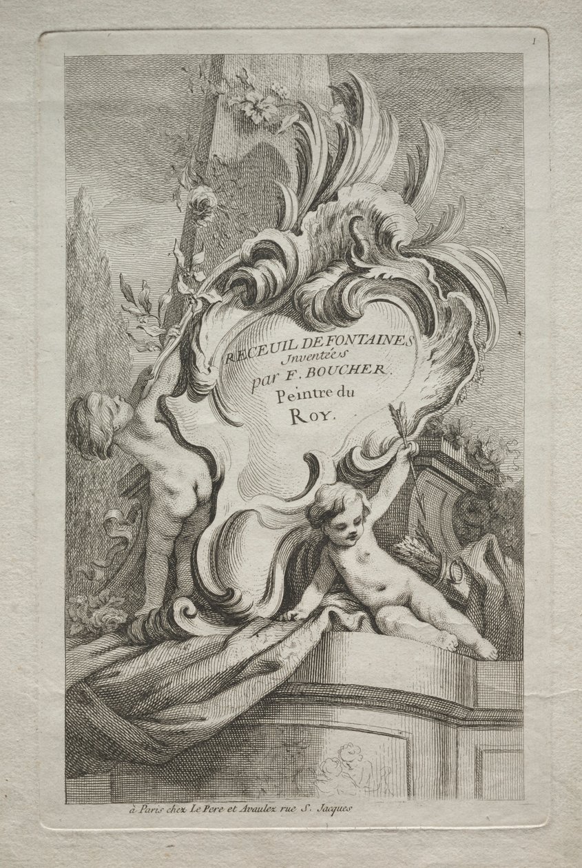Fontänernas bok: nr 1, titelsida, ca. 1736. av Gabriel Huquier