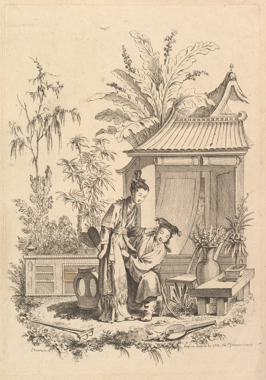 Chinoiseriescen med figurer i ett landskap, 1700-tal. av Gabriel Huquier