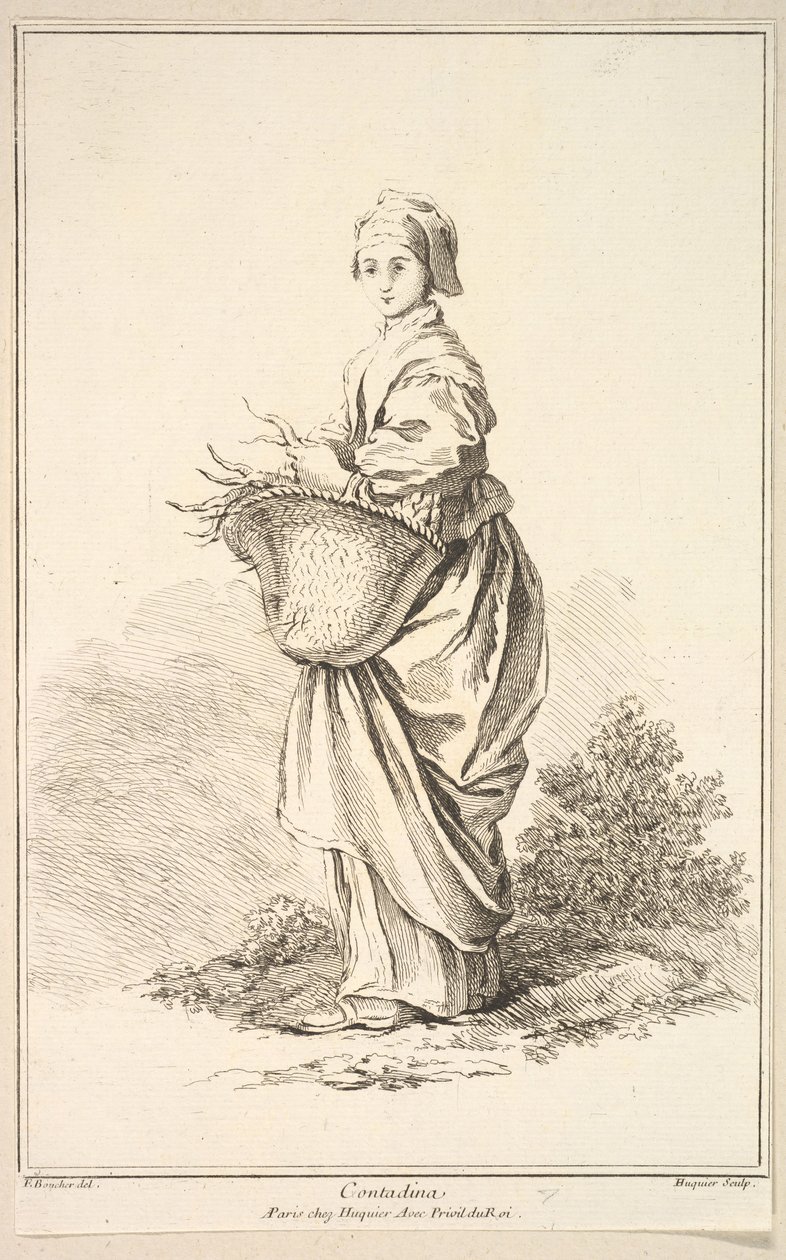Contadina, från Samling av olika utländska figurer Uppfunnen av F. Boucher P...., 1700-talet. av Gabriel Huquier