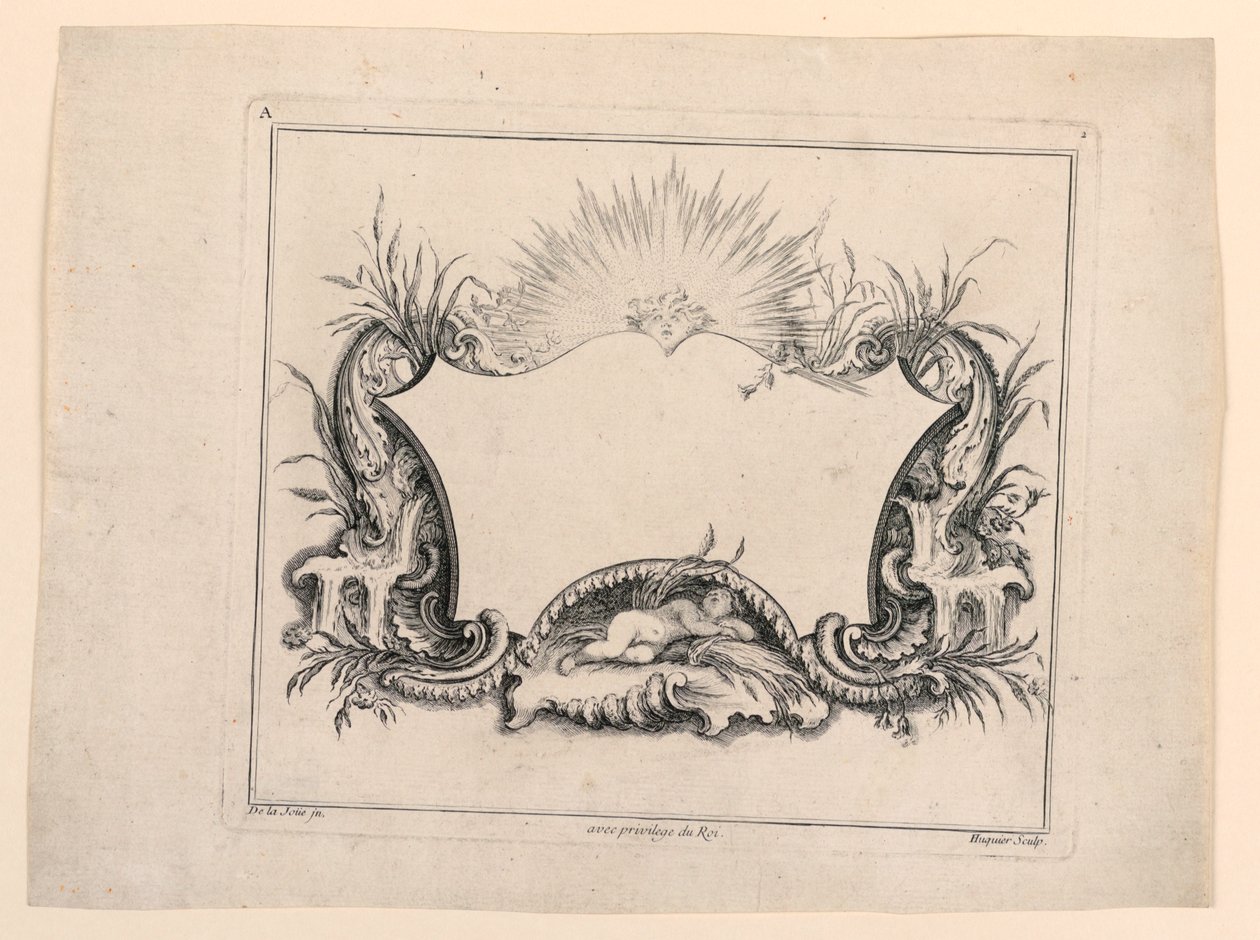 Escutcheon, från "Recueil Nouveau de Differens Cartouche" av Gabriel Huquier