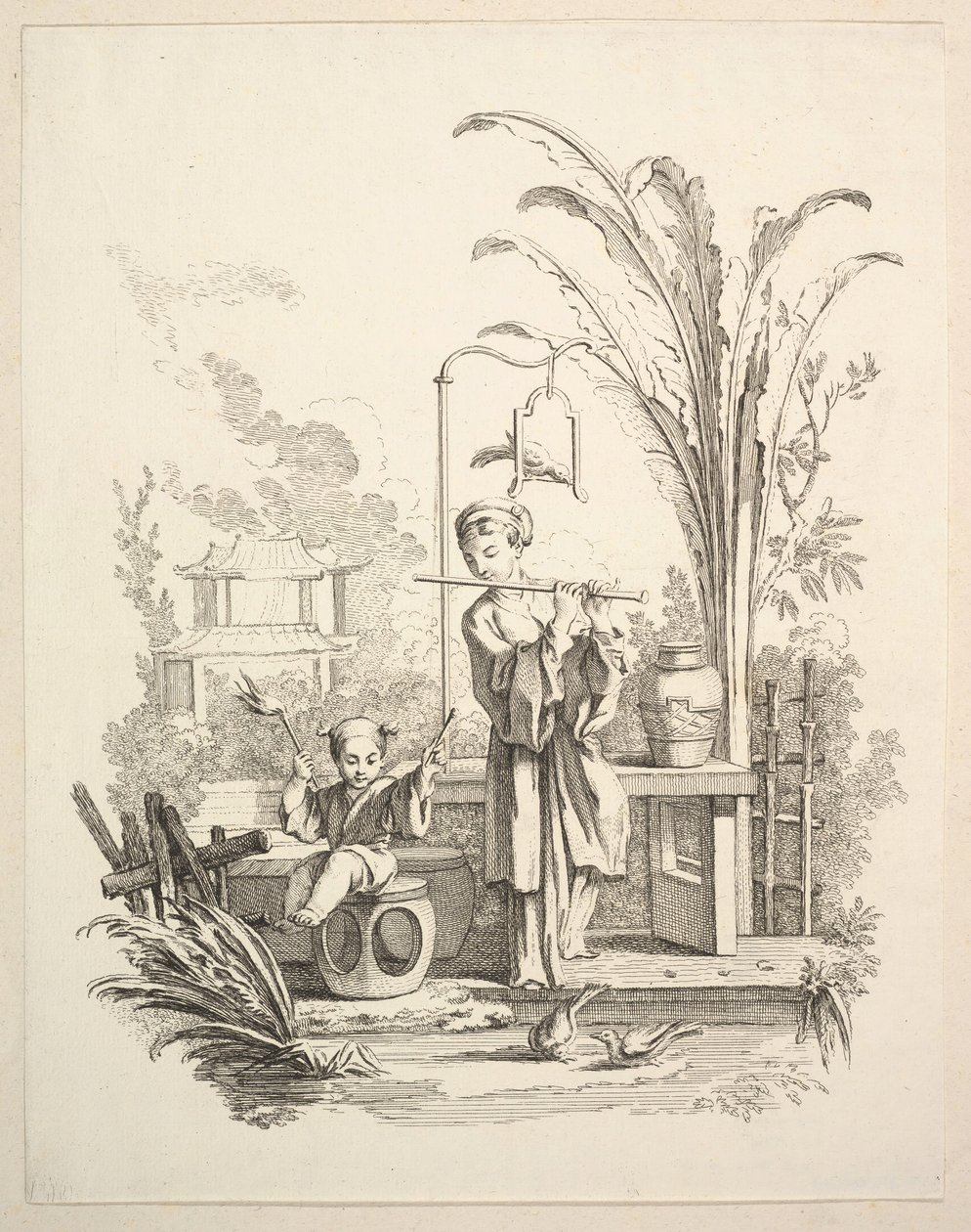 Flöjtist och en barnpaukist, ca. 1742. av Gabriel Huquier