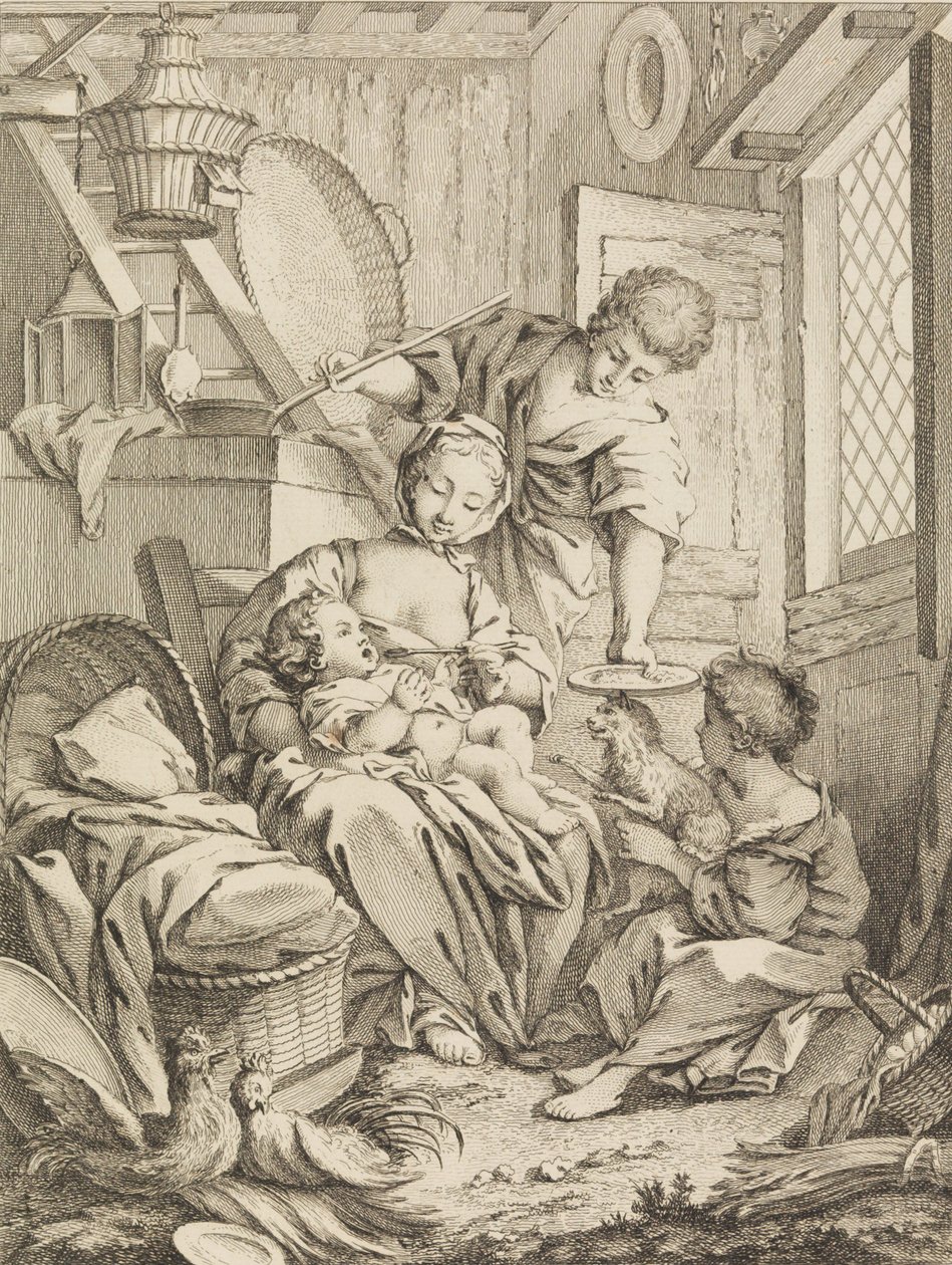 Plåt 1: Ung kvinna som matar sitt spädbarn, från Premier Livre de Subjects et Pastorales Fi..., 1720-72. av Gabriel Huquier