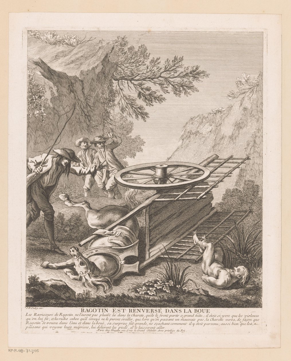 Ragotin valt van de wagen Ragotin slås ner i leran (titel på objekt) Scener från Roman Comique van Scarron (serietitel) av Gabriel Huquier