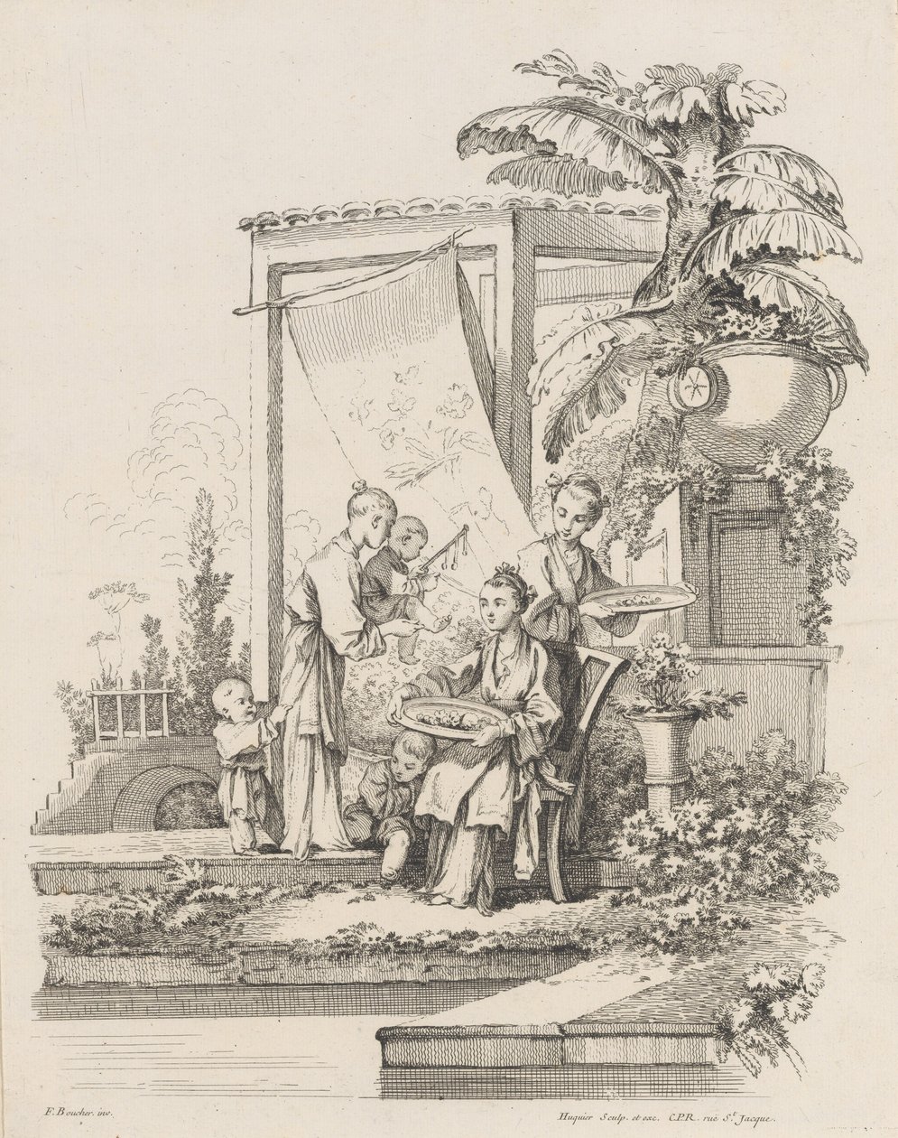 Sittande kvinna med barn och tjänare, ca. 1738-45. av Gabriel Huquier