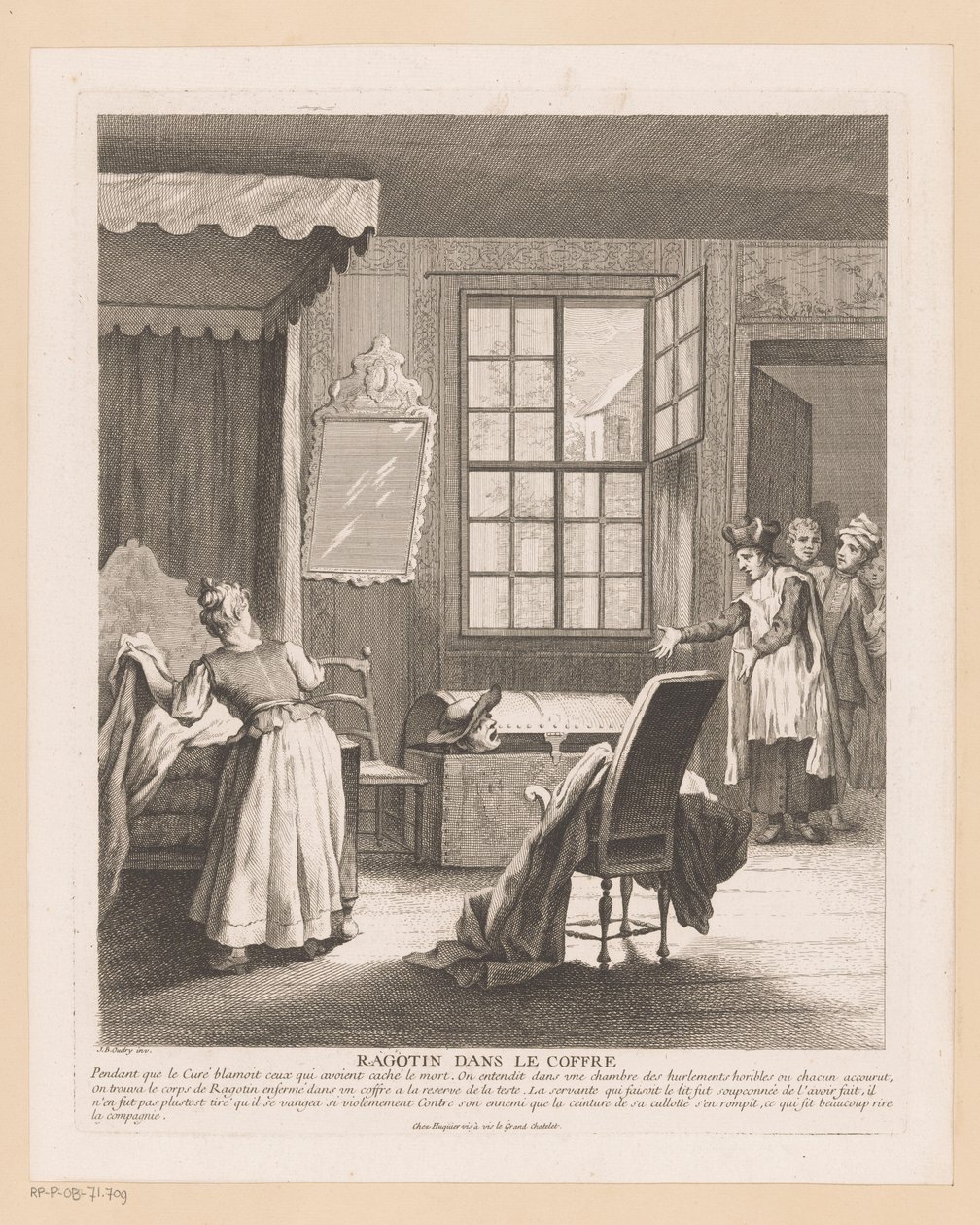Slaapkamerinterieur träffade Ragotin i en kist Skvaller i bagageutrymmet (titel på objekt) Scener från Roman Comique van Scarron (serietitel) av Gabriel Huquier