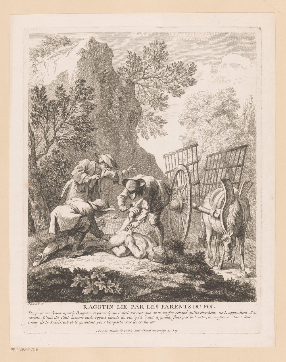 Sovande ragotin bundet och kidnappat Ragotin lié par les föräldrar du fol (titel på objekt) Scener från Scarrons Roman Comique (serietitel) av Gabriel Huquier