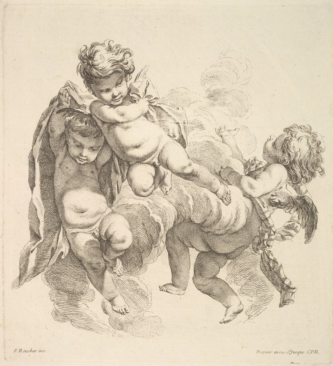 Tre barn bland moln som bär ett draperi, 1738-45. av Gabriel Huquier