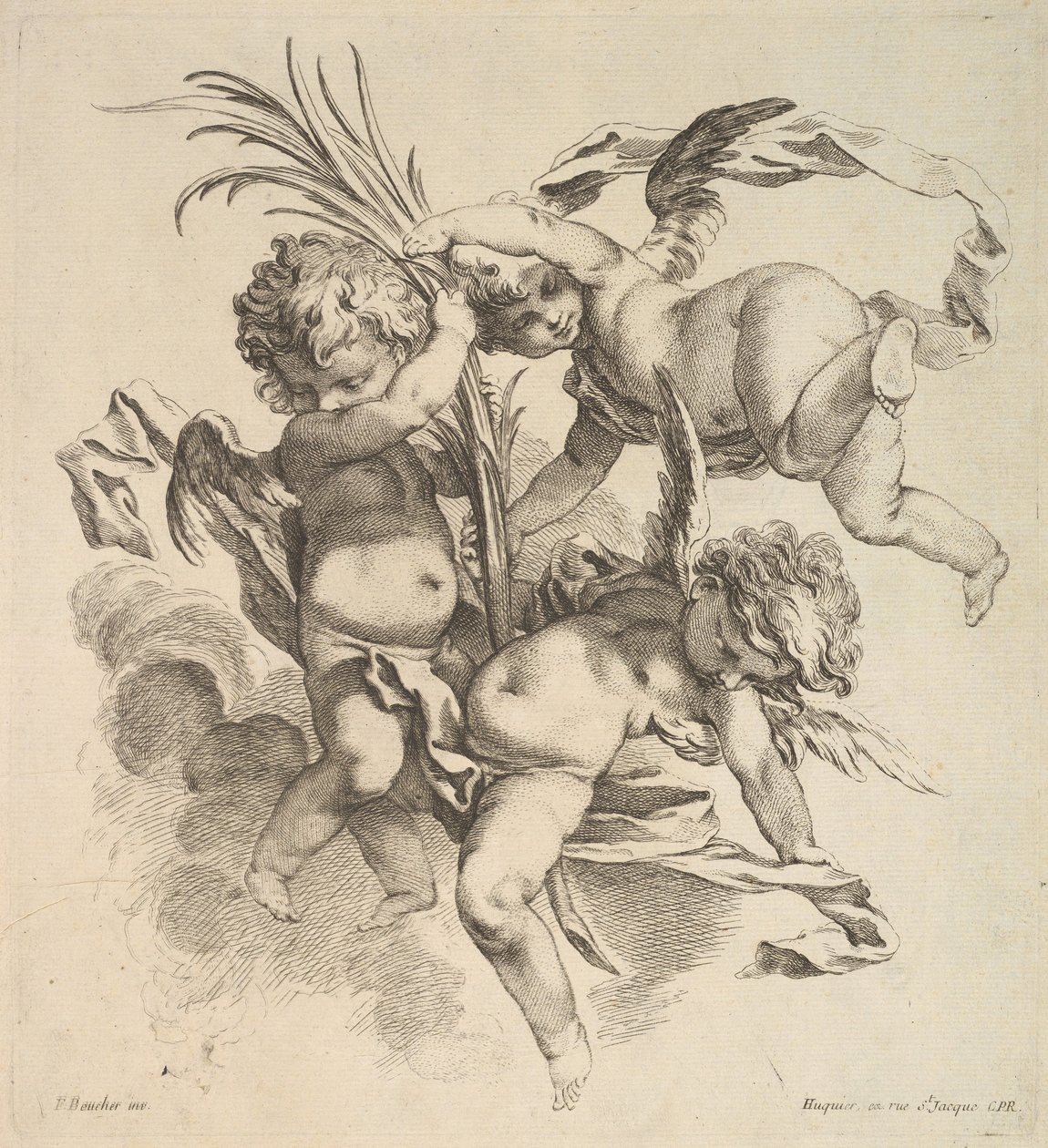 Tre barn bland moln nära ett palmblad, 1738-45. av Gabriel Huquier