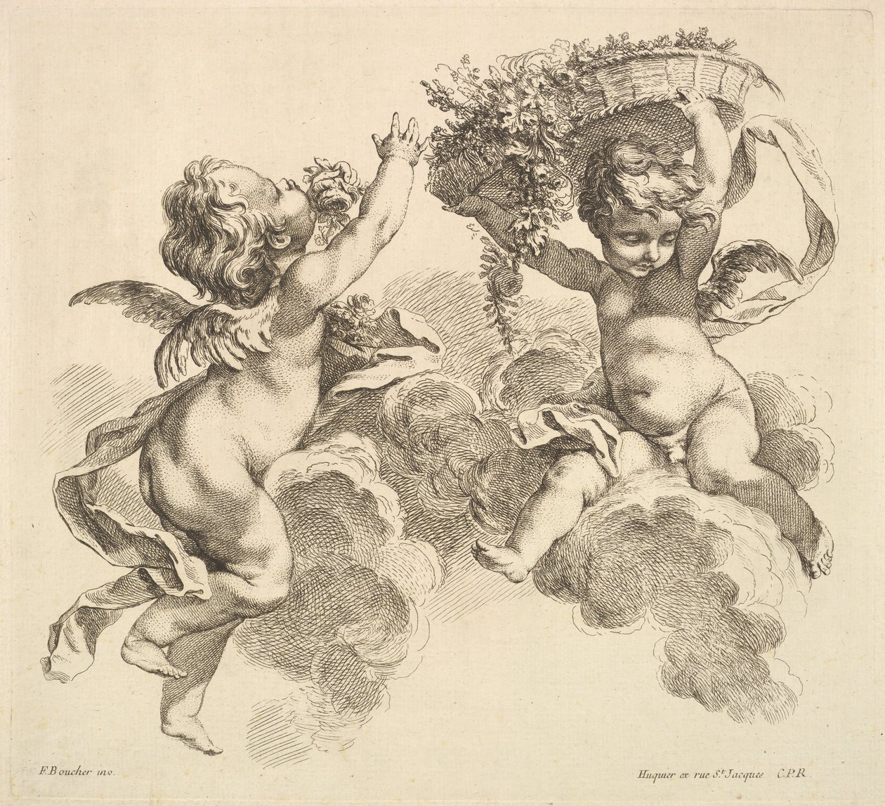 Två barn, ett håller en korg med blommor, 1738-45. av Gabriel Huquier