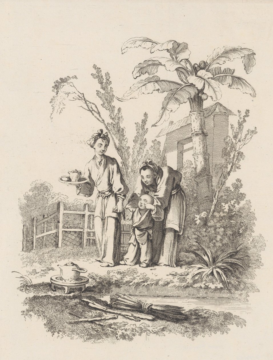 Två kvinnor som leder ett barn mot en tekanna på ett bord nära en damm, ca. 1742. av Gabriel Huquier
