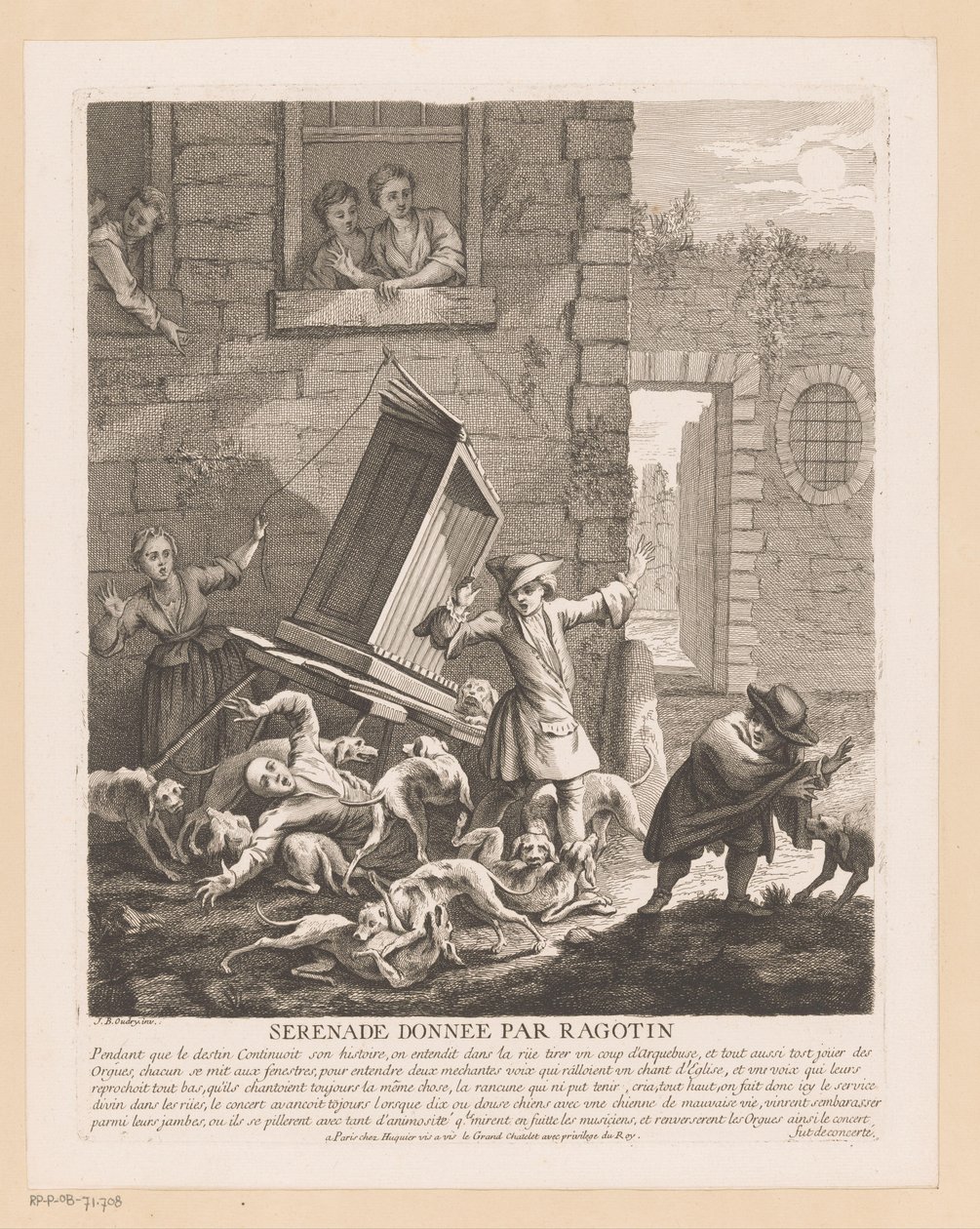 Avbrott i orgelspel av gatuhundar Serenade donnée par Ragotin (titel på objekt) Scener från Scarrons Roman Comique (serietitel) av Gabriel Huquier