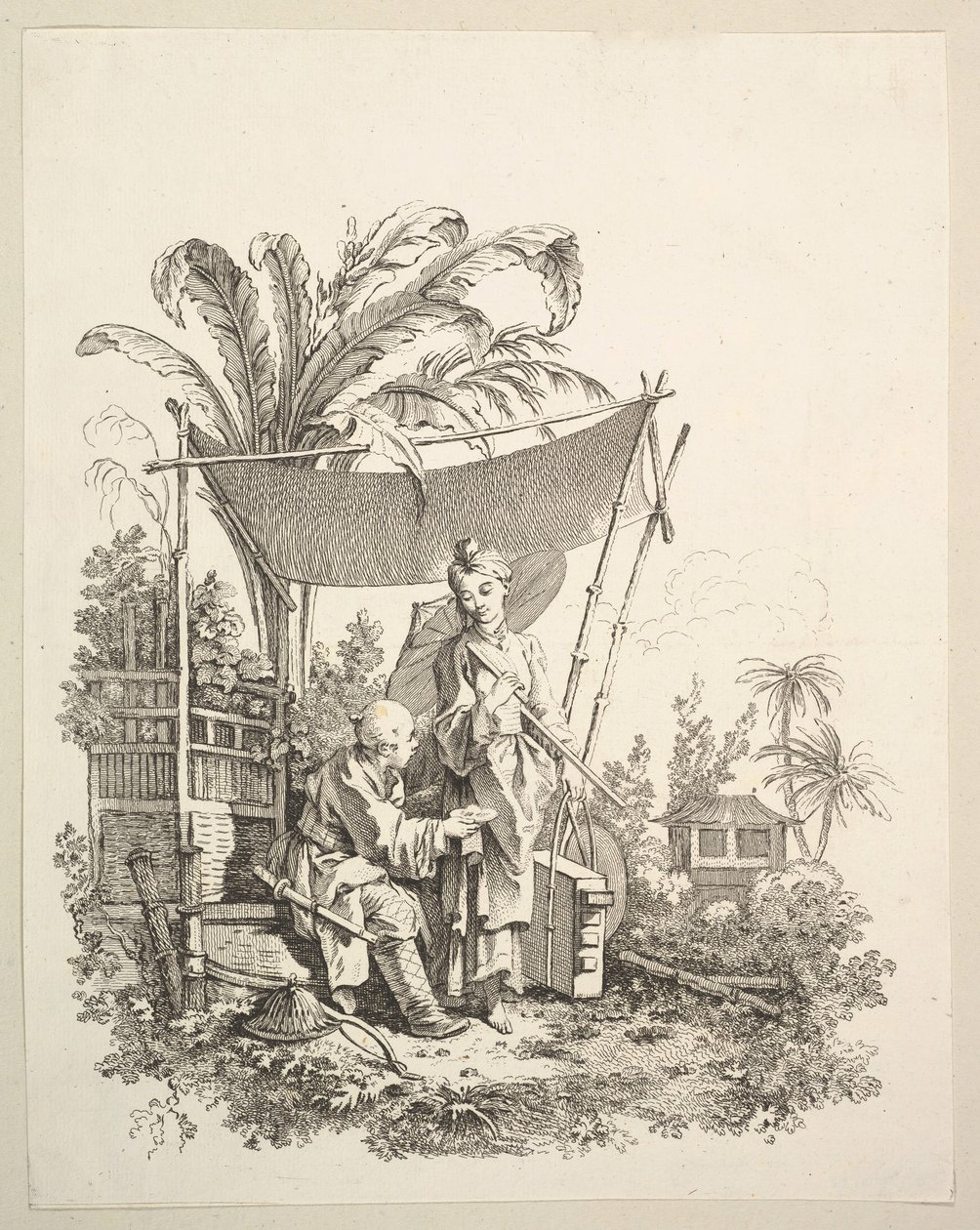 Kvinna som visar kuriosa för soldat, ca. 1742. av Gabriel Huquier