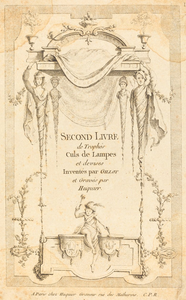 Second Book of Ends of Lamps and Currency Trophys: Titelsida av Gabriel Huquier after Claude Gillot