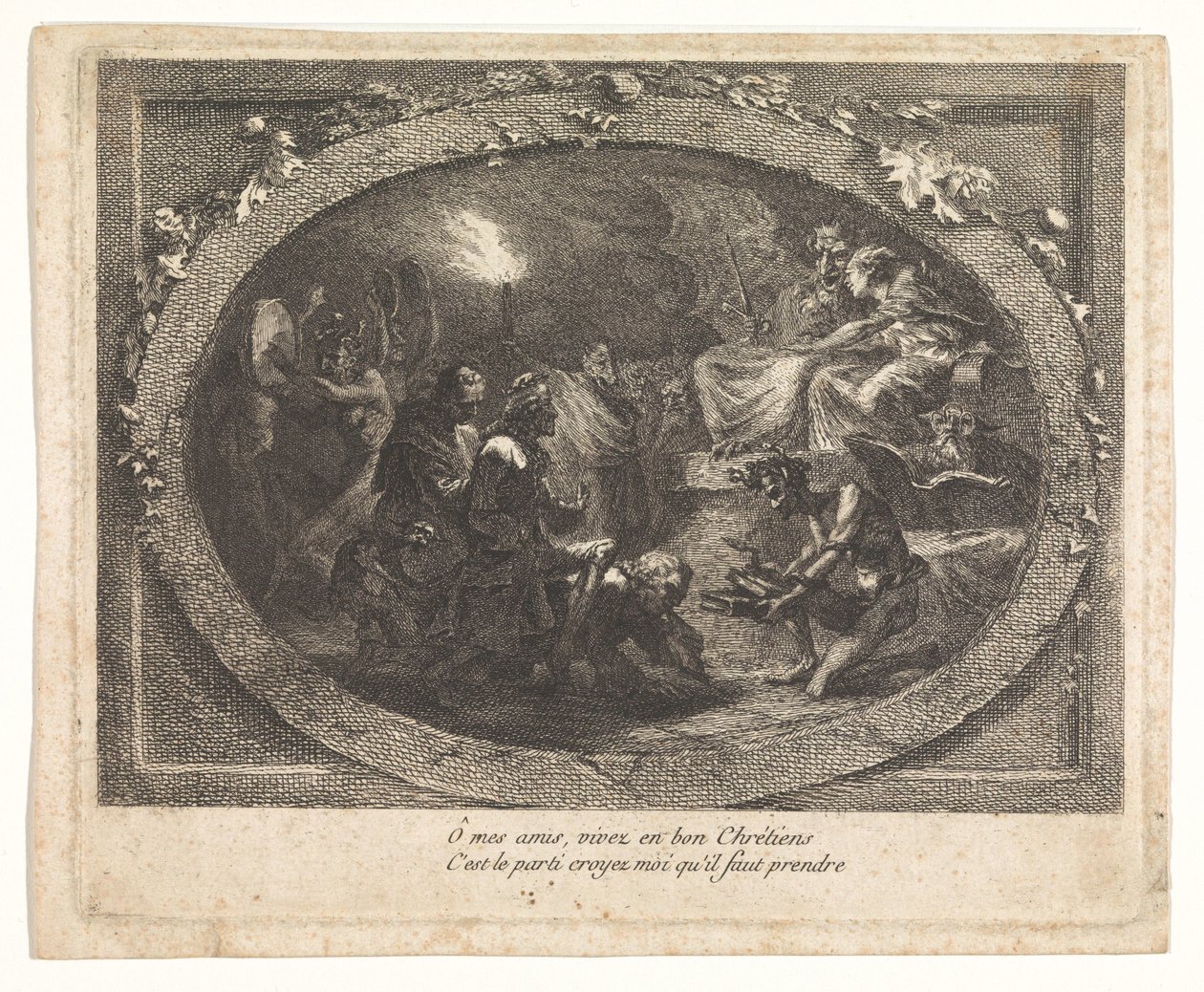Voltaire kom till helvetet av Gabriel Jacques de Saint Aubin (school of)
