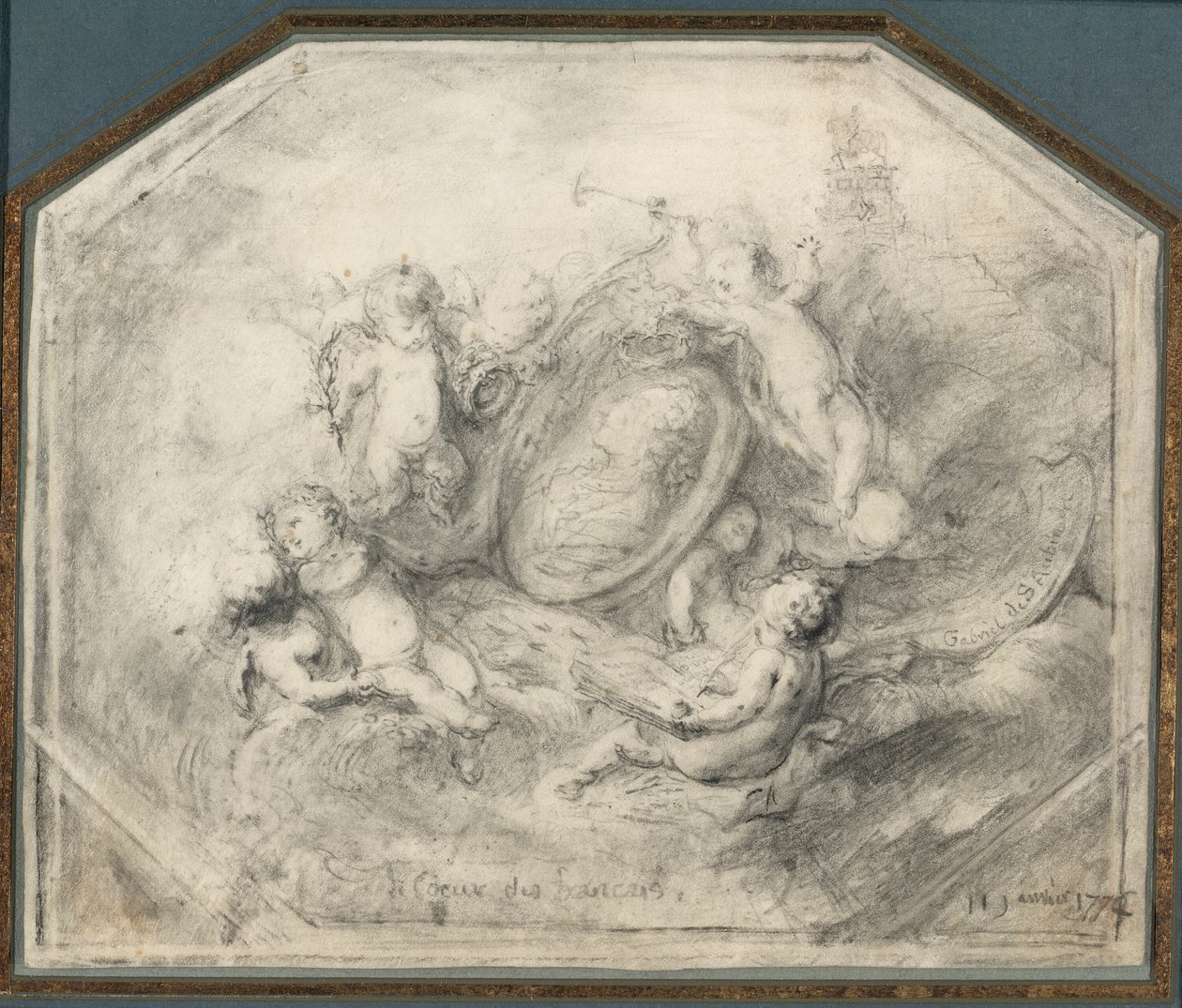 En porträttmedaljong av kung Ludvig XV omgiven av Putti som bär berömmelsens och historiens attribut av Gabriel Jacques de Saint Aubin