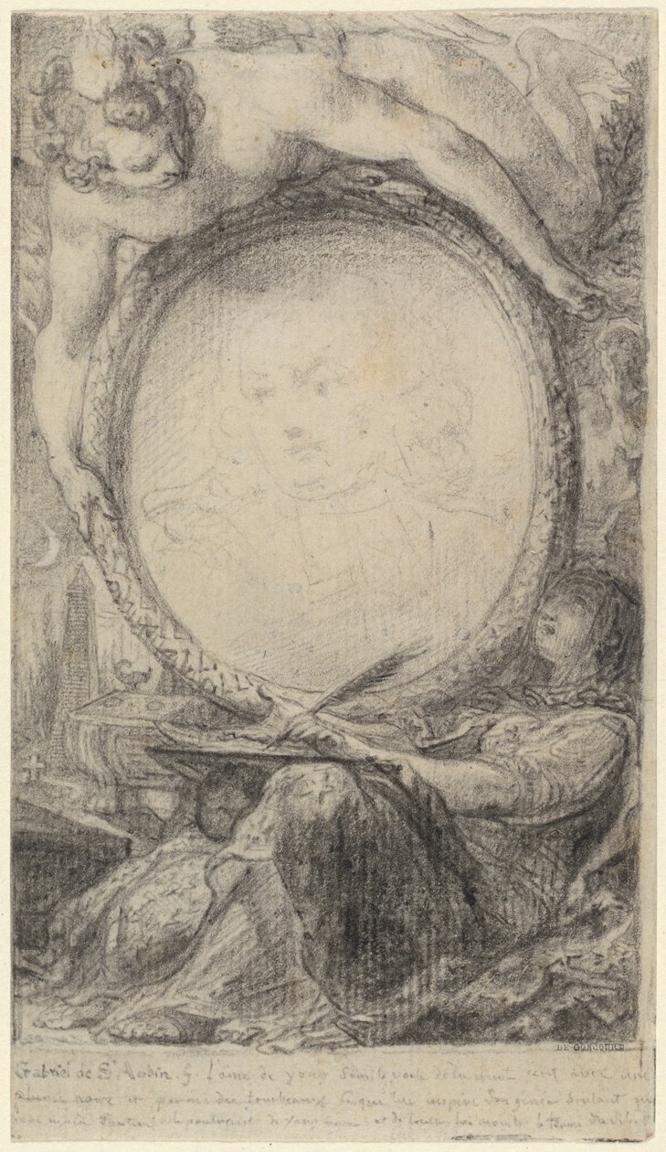 Allegorisk ram med ett geni och en beslöjad kvinna som skriver av Gabriel Jacques de Saint Aubin