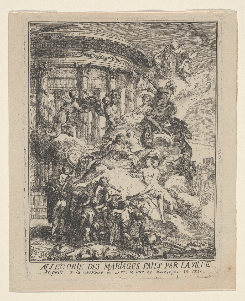 Allegori om äktenskap gjorda av staden Paris vid födelsen av hertigen av Bourgogne av Gabriel Jacques de Saint Aubin