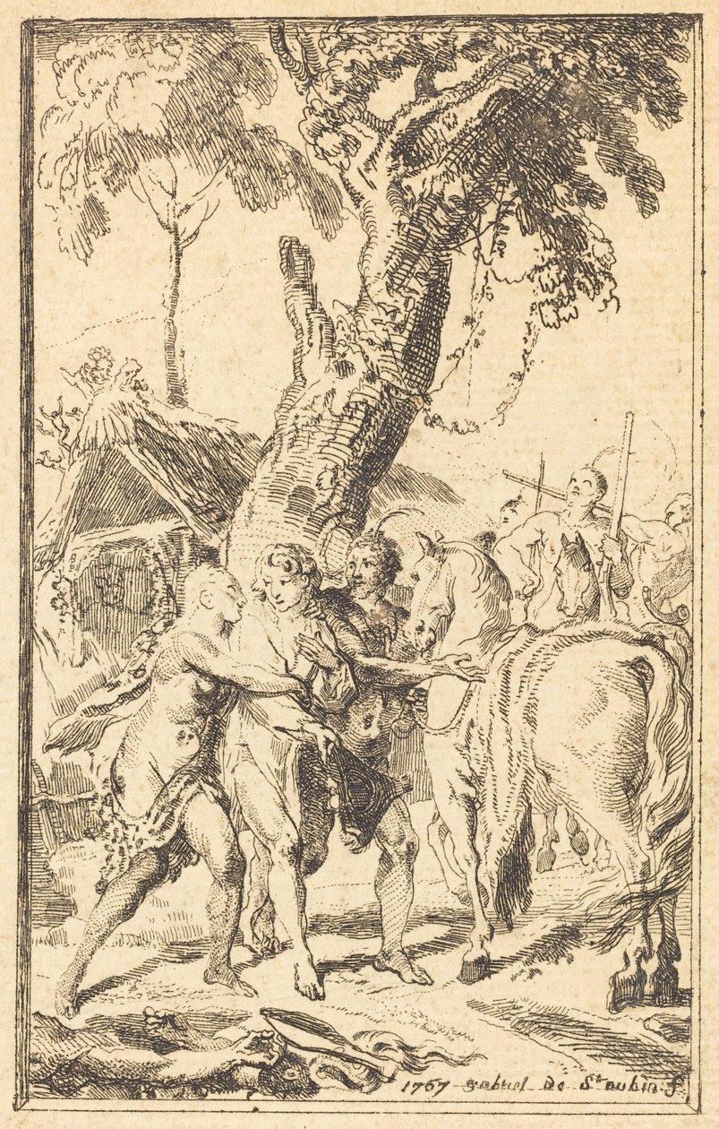 Flight of M. de Belle-Isle, fånge med Attakapas [höger] av Gabriel Jacques de Saint Aubin