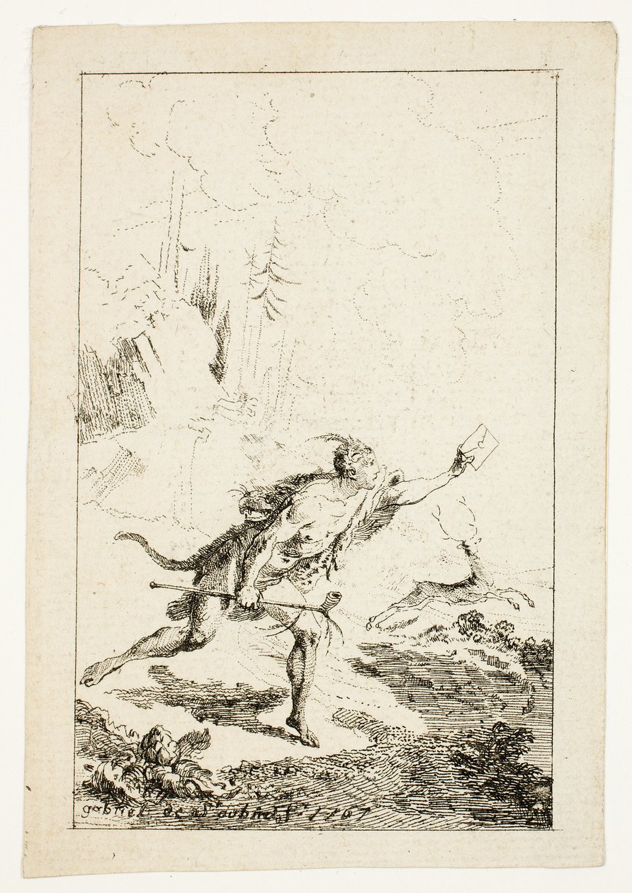 Budbärare skickad till M. Saint-Denis, av M. Belle-Isle, fånge, skylt tre från Les Nouveaux Voyages aux Indes Occidentales av Gabriel Jacques de Saint Aubin