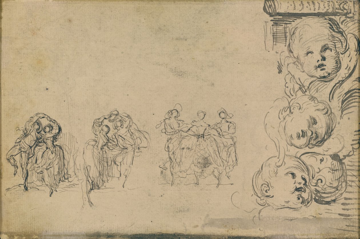 Skisser av dansare och huvuden av Putti av Gabriel Jacques de Saint Aubin